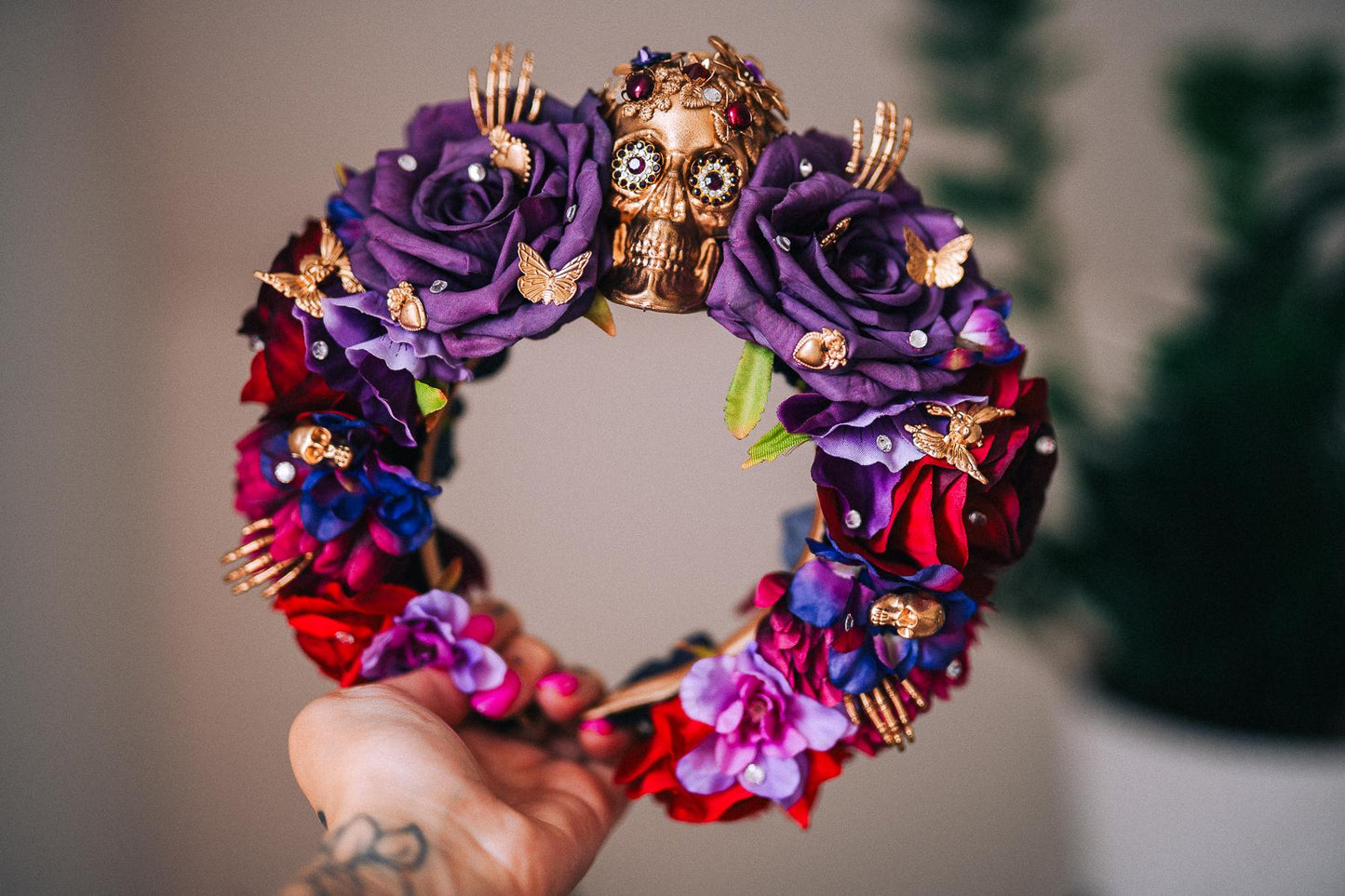 La Catrina Purple Rose Crown, Día de los Muertos Headpiece, Mexican Floral Crown, Sugar Skull Crown, Artisan Flower Crown