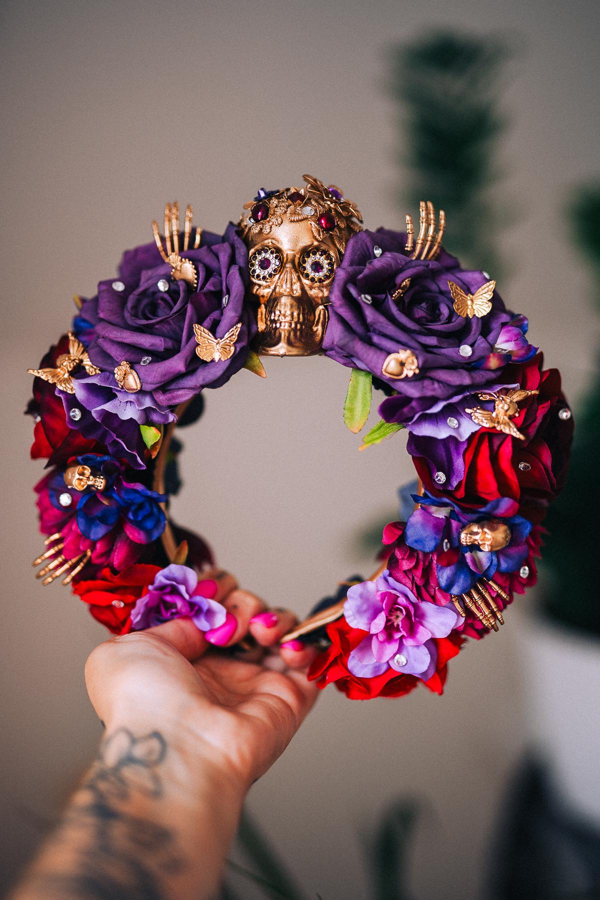 La Catrina Purple Rose Crown, Día de los Muertos Headpiece, Mexican Floral Crown, Sugar Skull Crown, Artisan Flower Crown