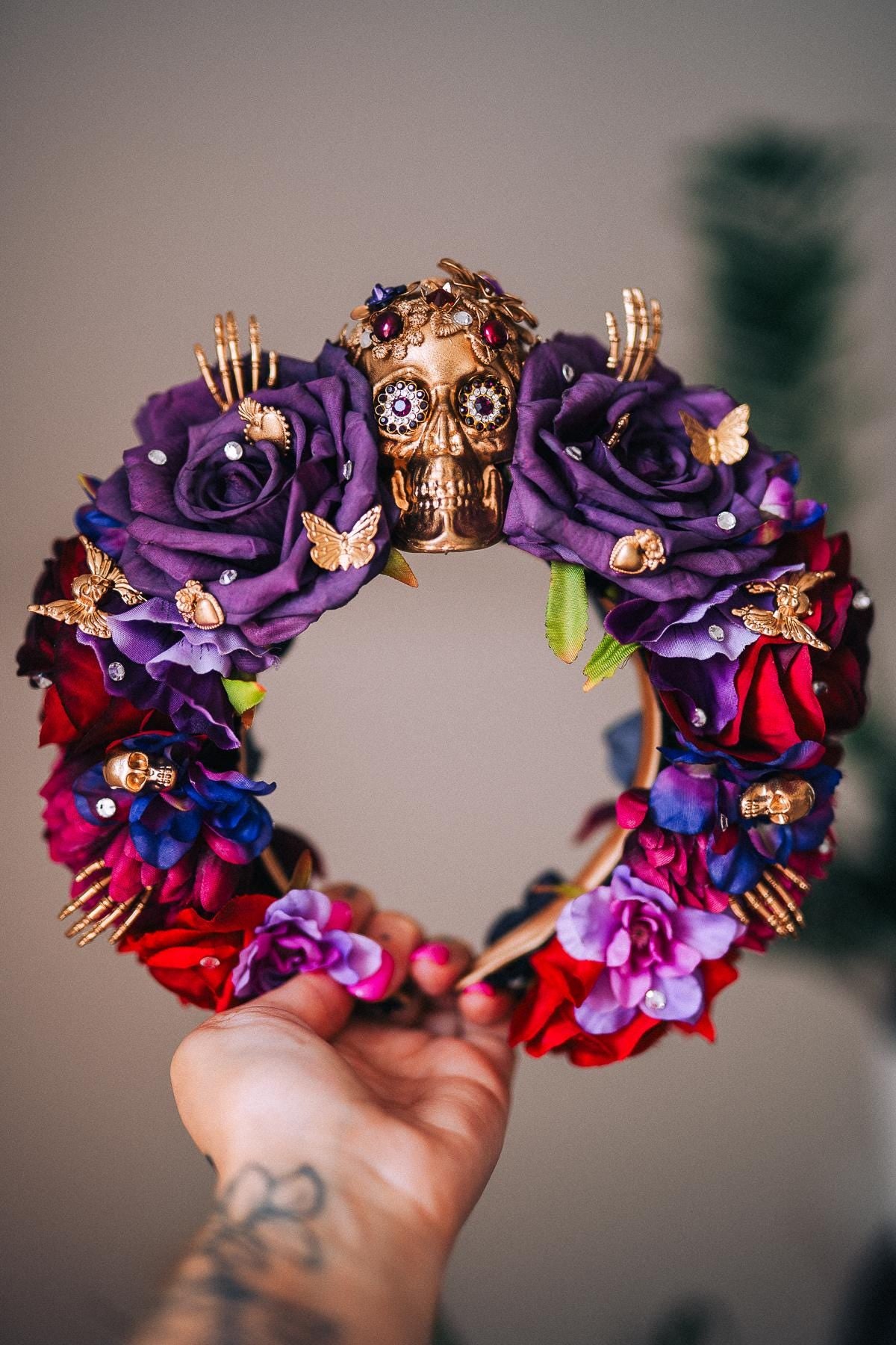 La Catrina Purple Rose Crown, Día de los Muertos Headpiece, Mexican Floral Crown, Sugar Skull Crown, Artisan Flower Crown