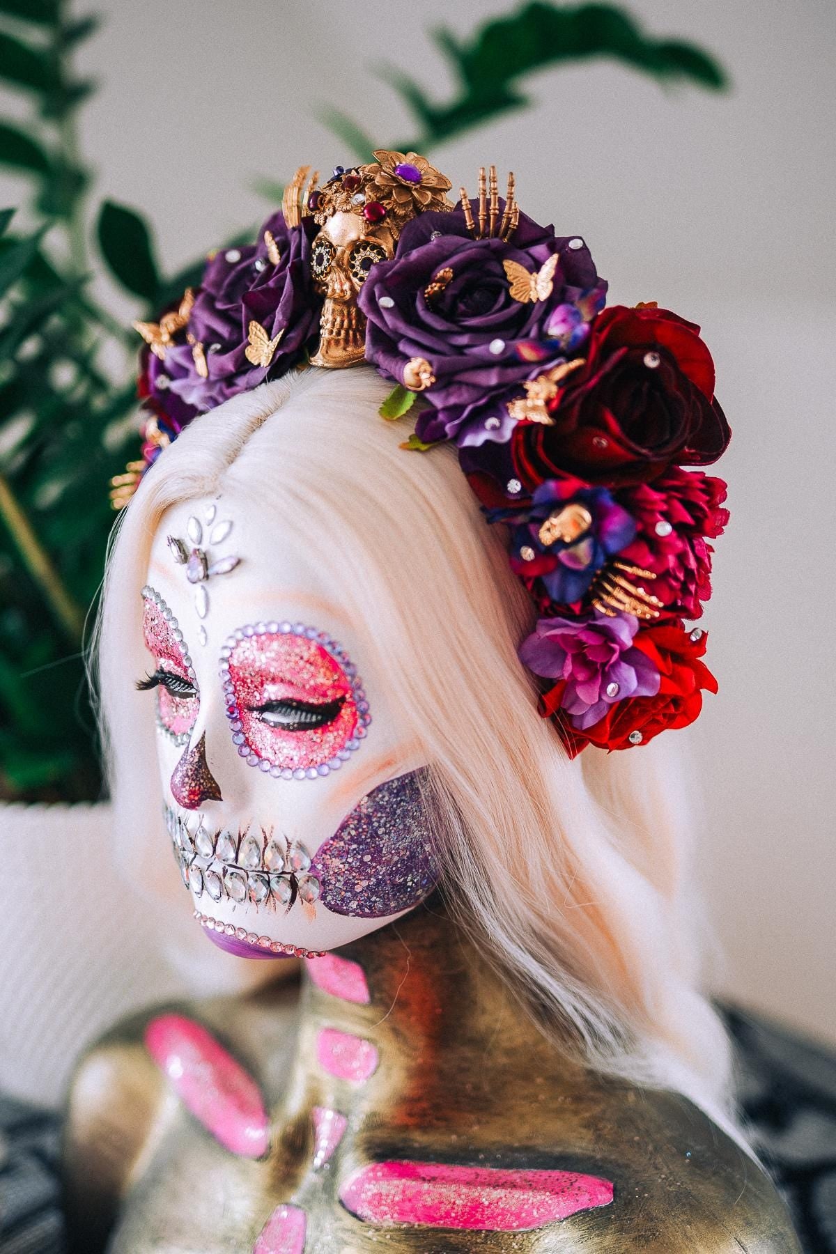La Catrina Purple Rose Crown, Día de los Muertos Headpiece, Mexican Floral Crown, Sugar Skull Crown, Artisan Flower Crown