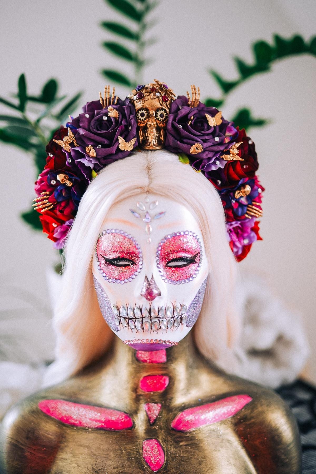 La Catrina Purple Rose Crown, Día de los Muertos Headpiece, Mexican Floral Crown, Sugar Skull Crown, Artisan Flower Crown