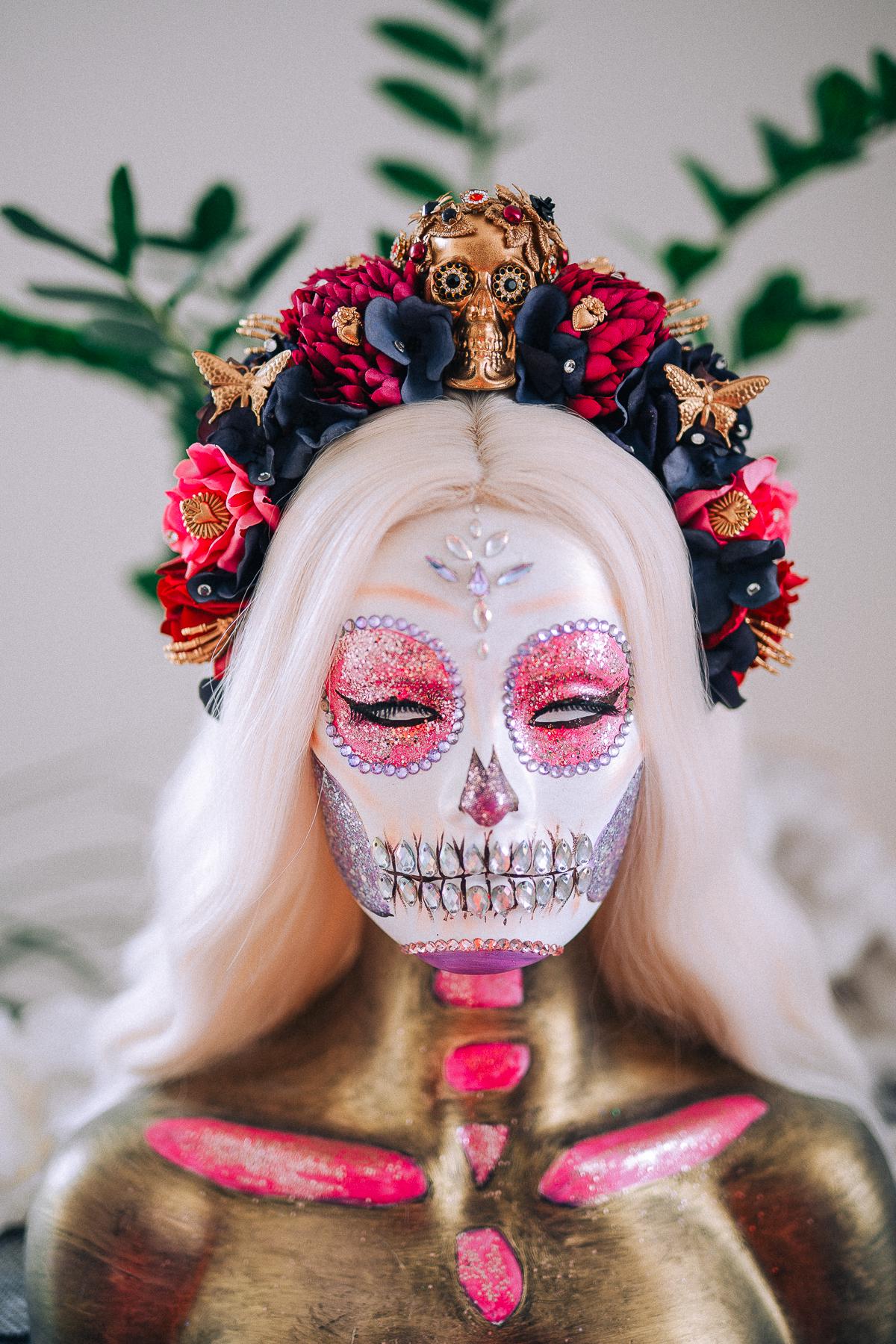 La Catrina Pink Floral Crown, Día de los Muertos Headpiece, Mexican Flower Crown, Sugar Skull Crown, Artisan Statement Crown