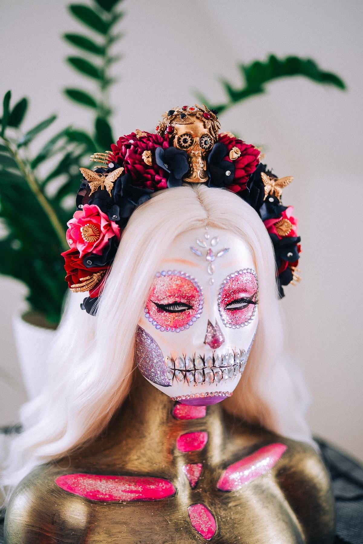 La Catrina Pink Floral Crown, Día de los Muertos Headpiece, Mexican Flower Crown, Sugar Skull Crown, Artisan Statement Crown