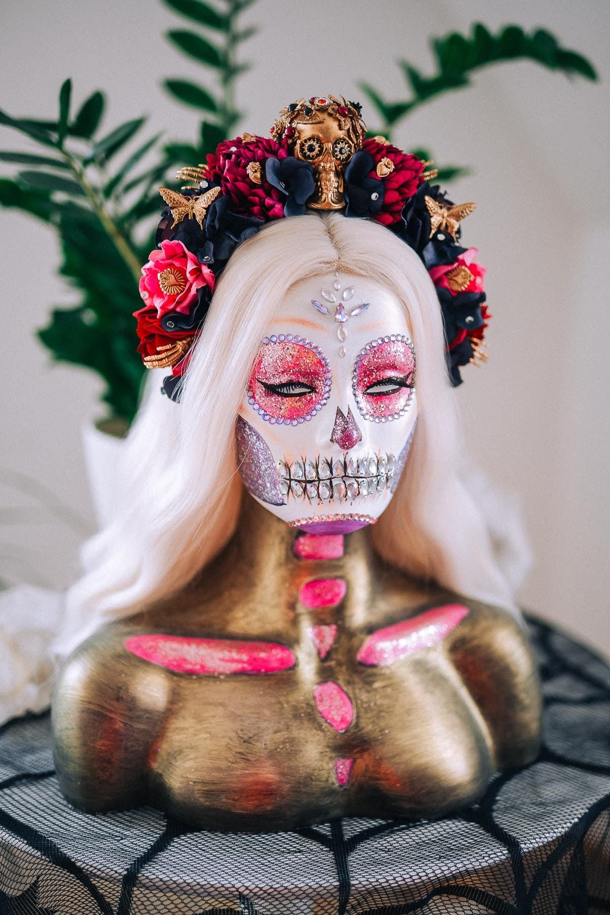 La Catrina Pink Floral Crown, Día de los Muertos Headpiece, Mexican Flower Crown, Sugar Skull Crown, Artisan Statement Crown