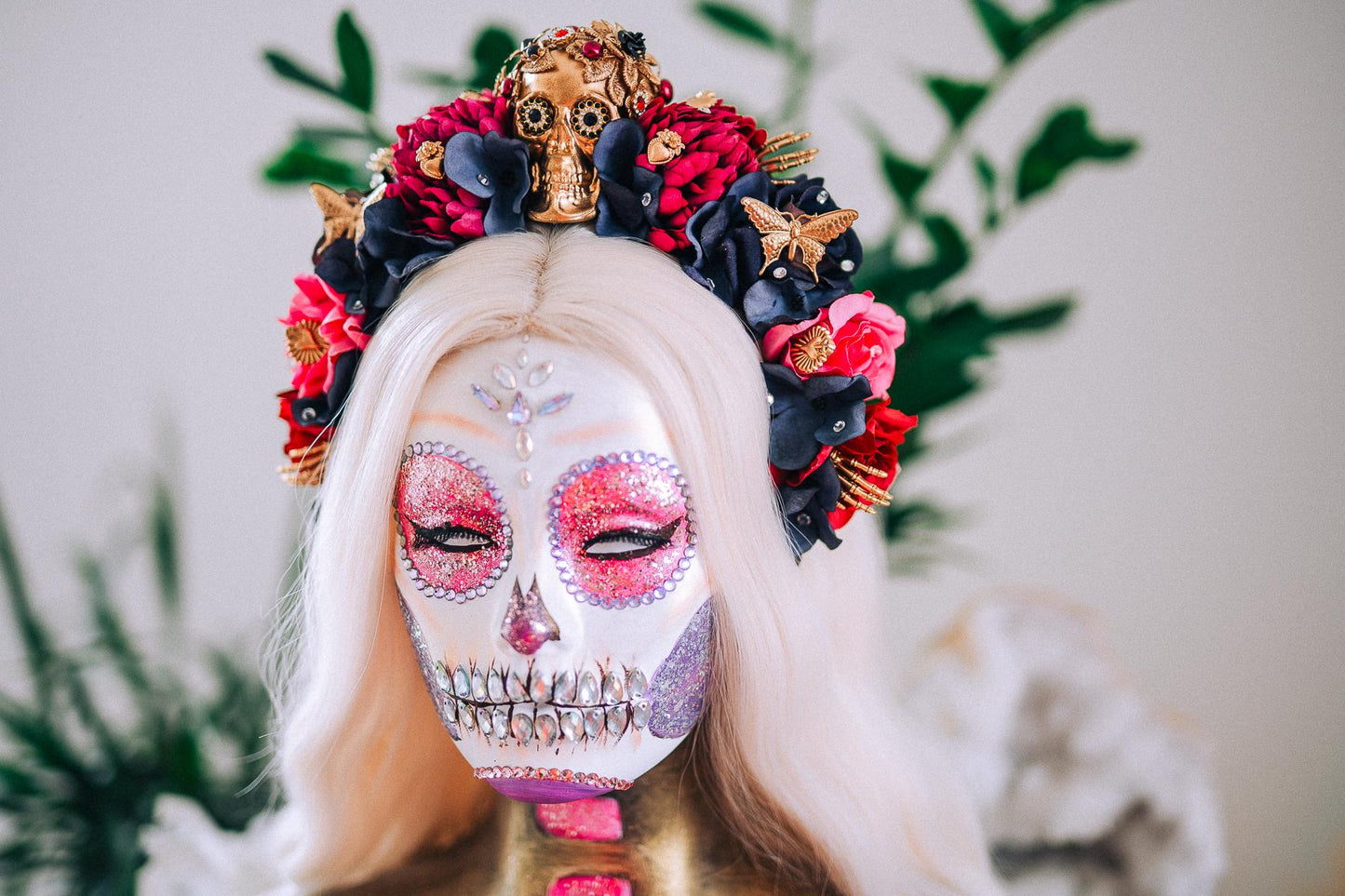 La Catrina Pink Floral Crown, Día de los Muertos Headpiece, Mexican Flower Crown, Sugar Skull Crown, Artisan Statement Crown