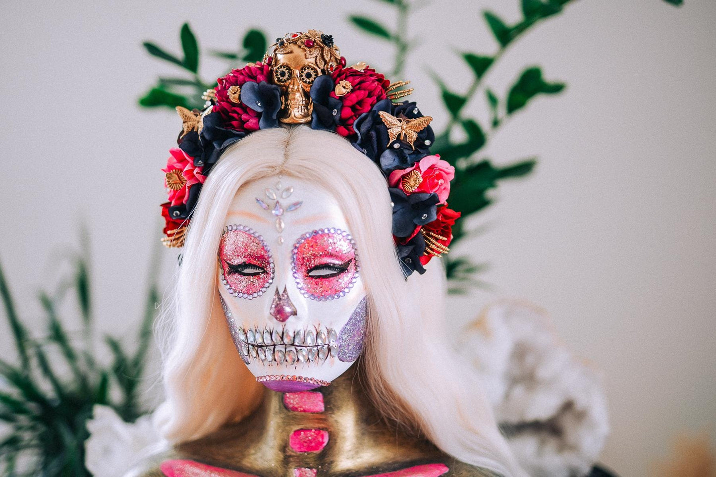 La Catrina Pink Floral Crown, Día de los Muertos Headpiece, Mexican Flower Crown, Sugar Skull Crown, Artisan Statement Crown