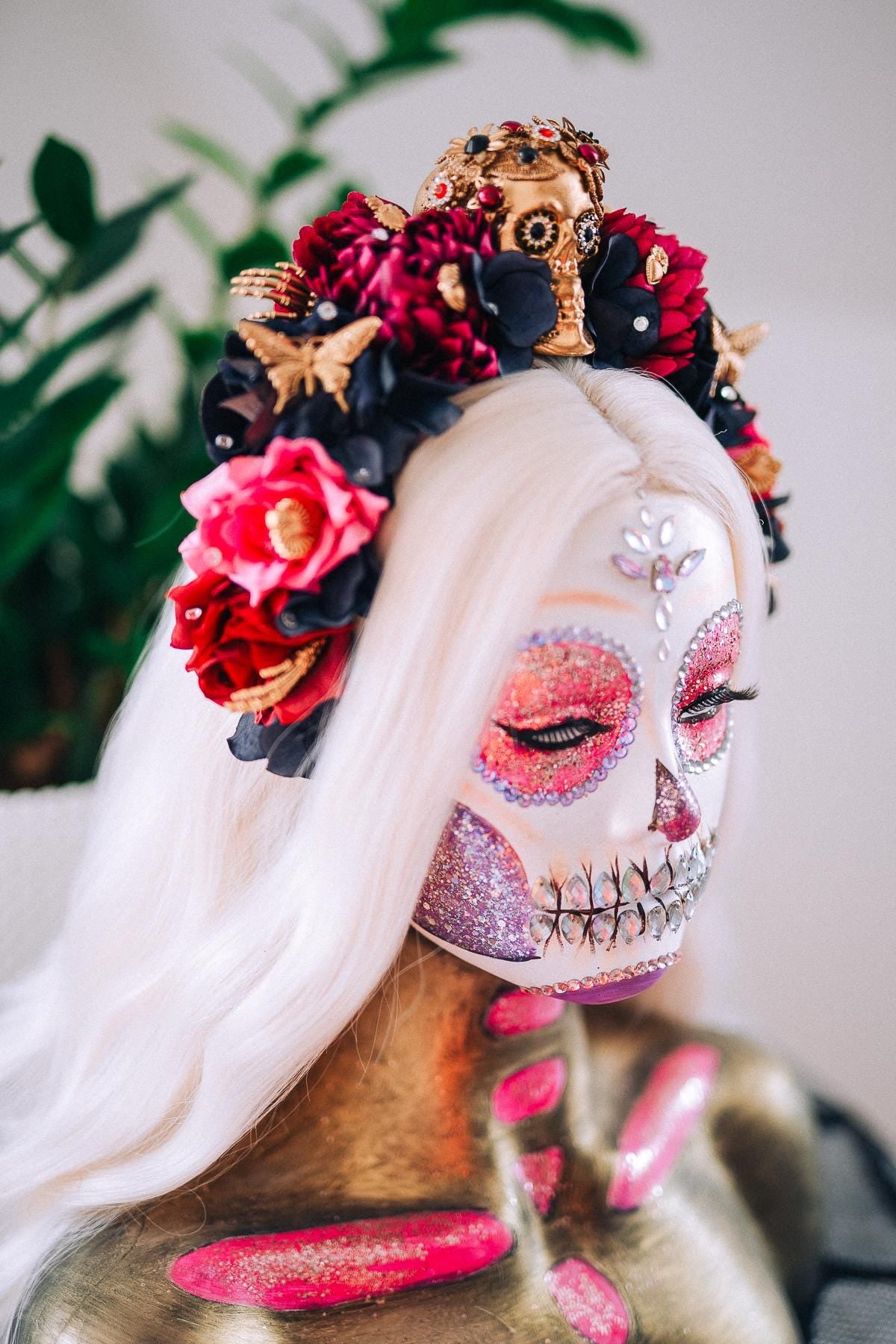 La Catrina Pink Floral Crown, Día de los Muertos Headpiece, Mexican Flower Crown, Sugar Skull Crown, Artisan Statement Crown