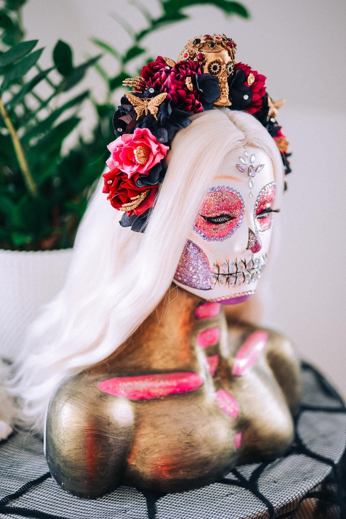 La Catrina Pink Floral Crown, Día de los Muertos Headpiece, Mexican Flower Crown, Sugar Skull Crown, Artisan Statement Crown