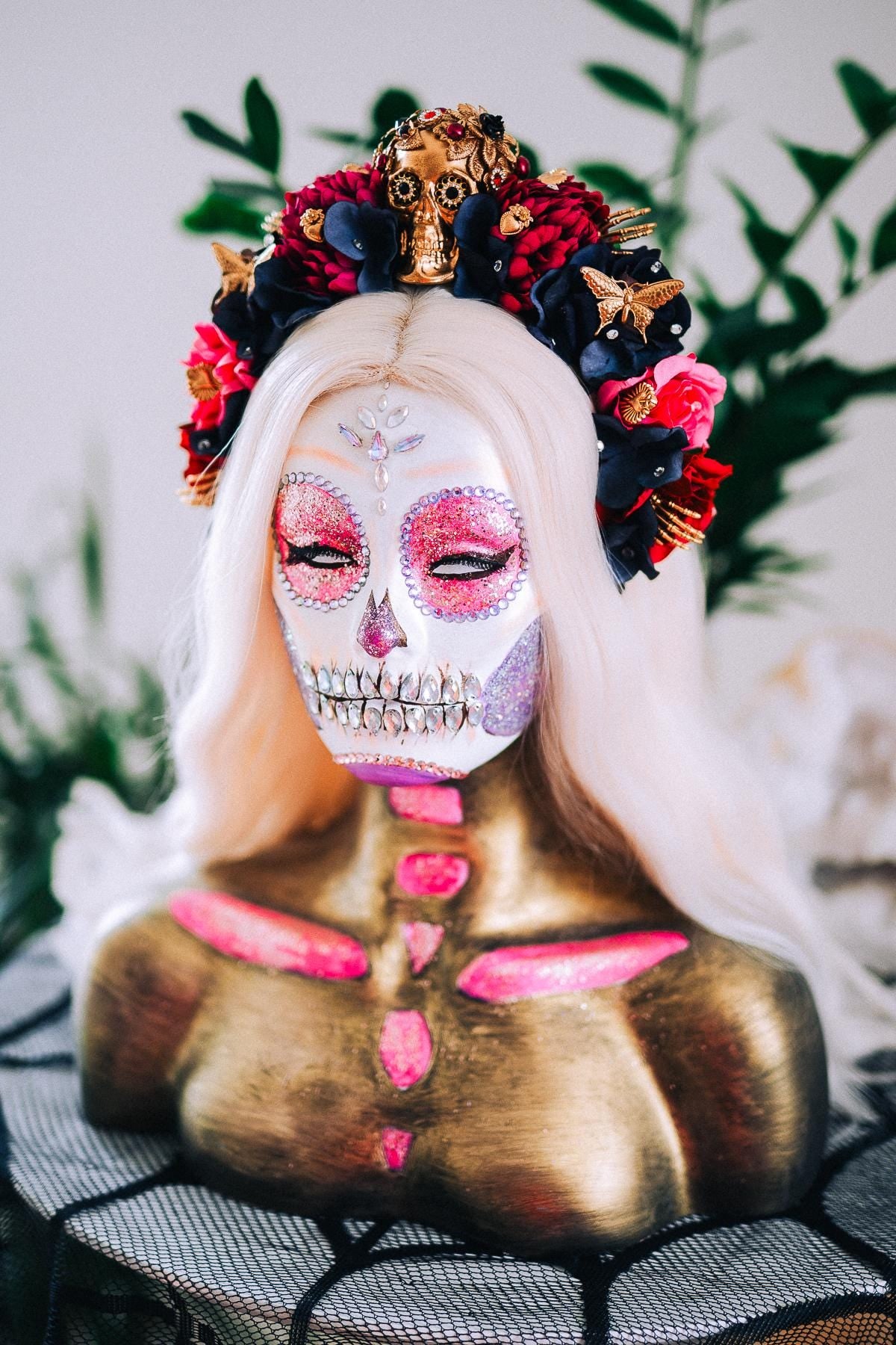 La Catrina Pink Floral Crown, Día de los Muertos Headpiece, Mexican Flower Crown, Sugar Skull Crown, Artisan Statement Crown