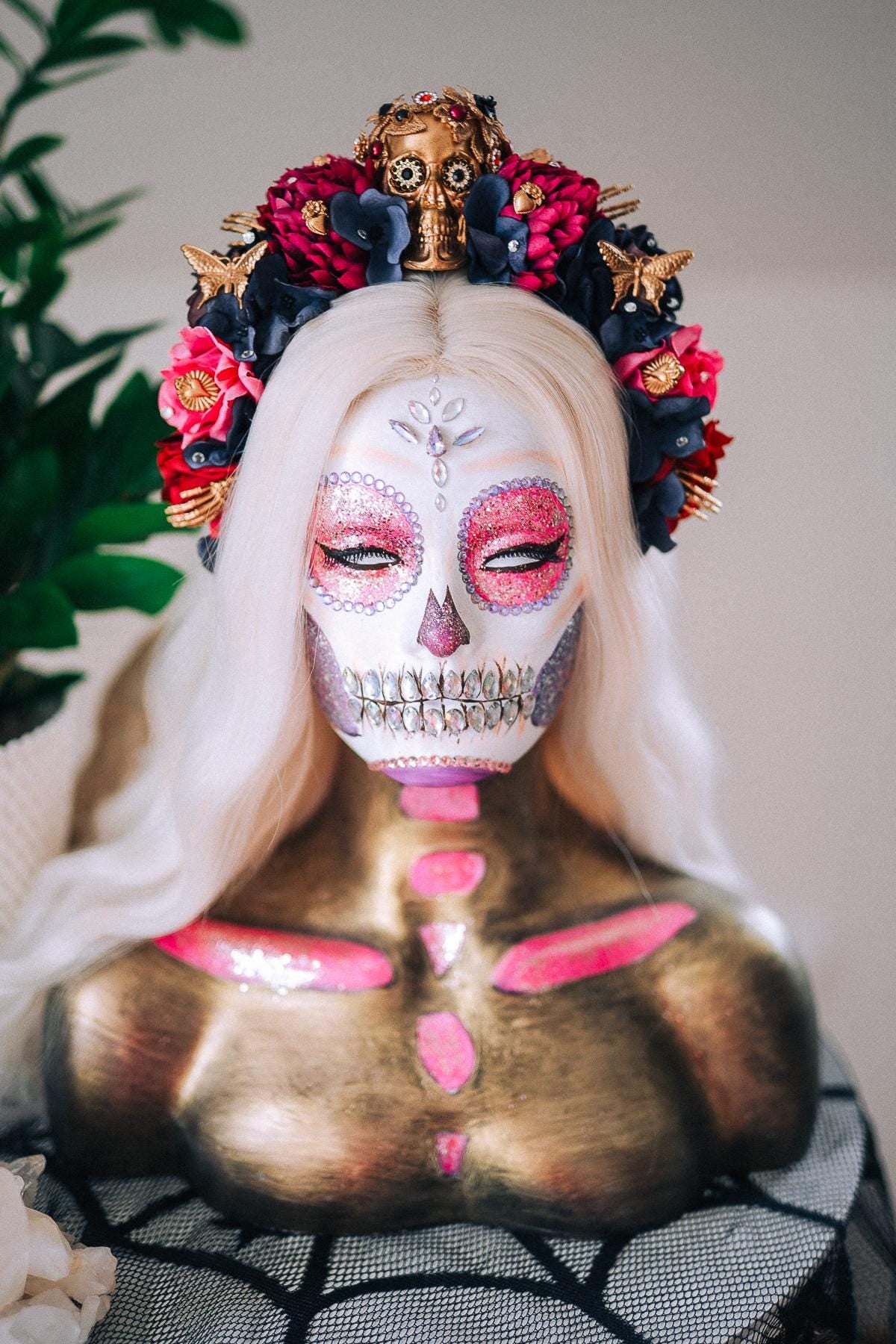 La Catrina Pink Floral Crown, Día de los Muertos Headpiece, Mexican Flower Crown, Sugar Skull Crown, Artisan Statement Crown