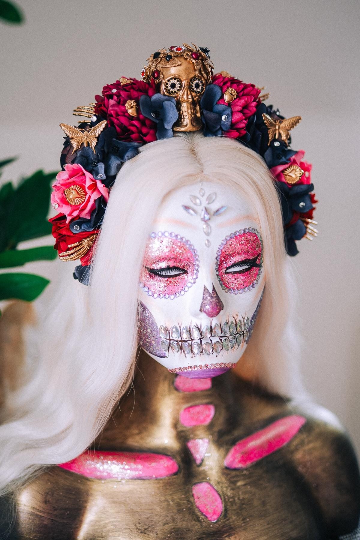 La Catrina Pink Floral Crown, Día de los Muertos Headpiece, Mexican Flower Crown, Sugar Skull Crown, Artisan Statement Crown