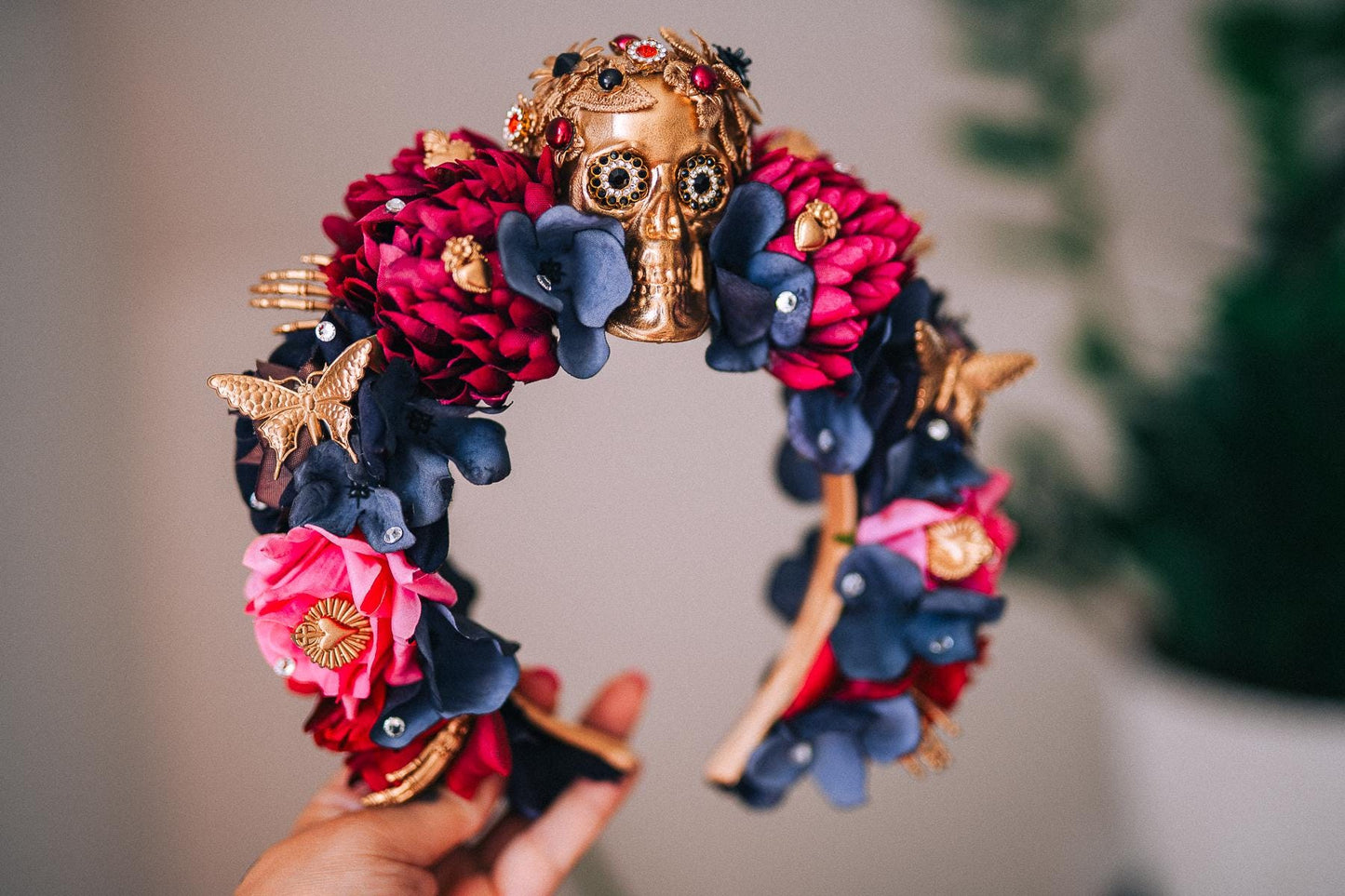 La Catrina Pink Floral Crown, Día de los Muertos Headpiece, Mexican Flower Crown, Sugar Skull Crown, Artisan Statement Crown
