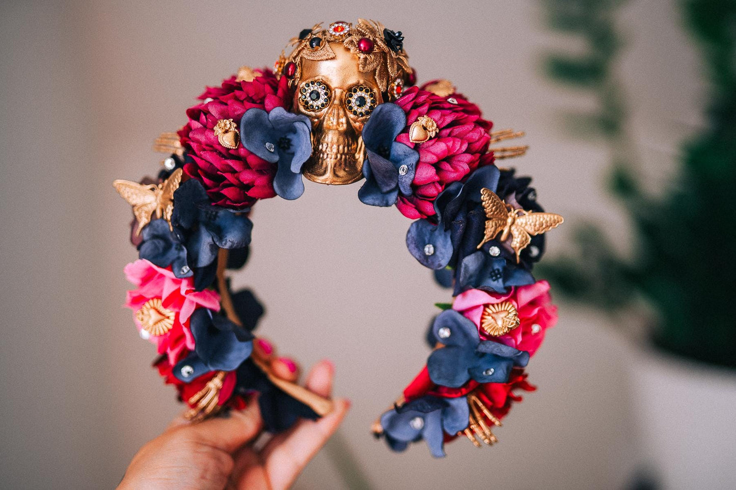 La Catrina Pink Floral Crown, Día de los Muertos Headpiece, Mexican Flower Crown, Sugar Skull Crown, Artisan Statement Crown