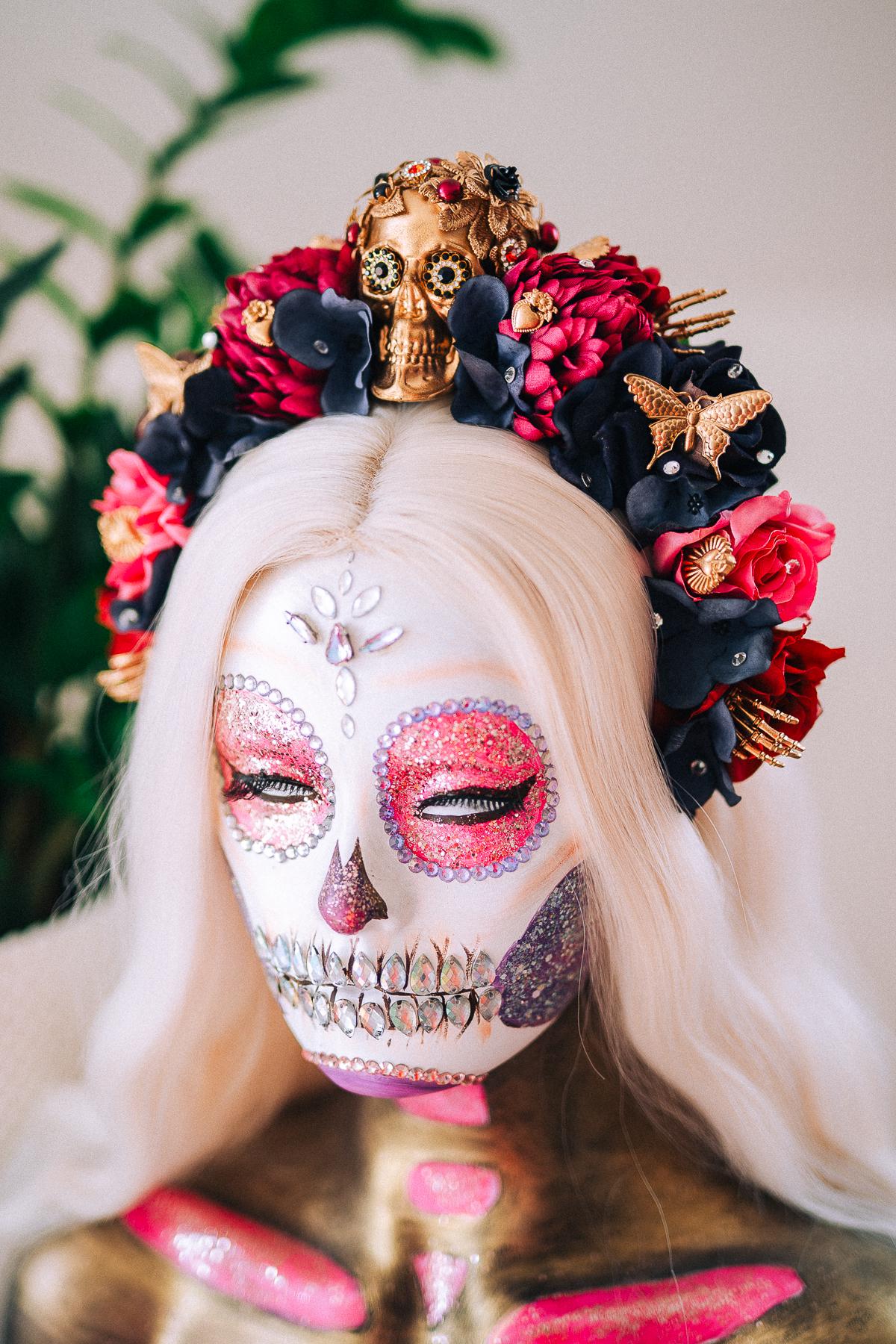 La Catrina Pink Floral Crown, Día de los Muertos Headpiece, Mexican Flower Crown, Sugar Skull Crown, Artisan Statement Crown