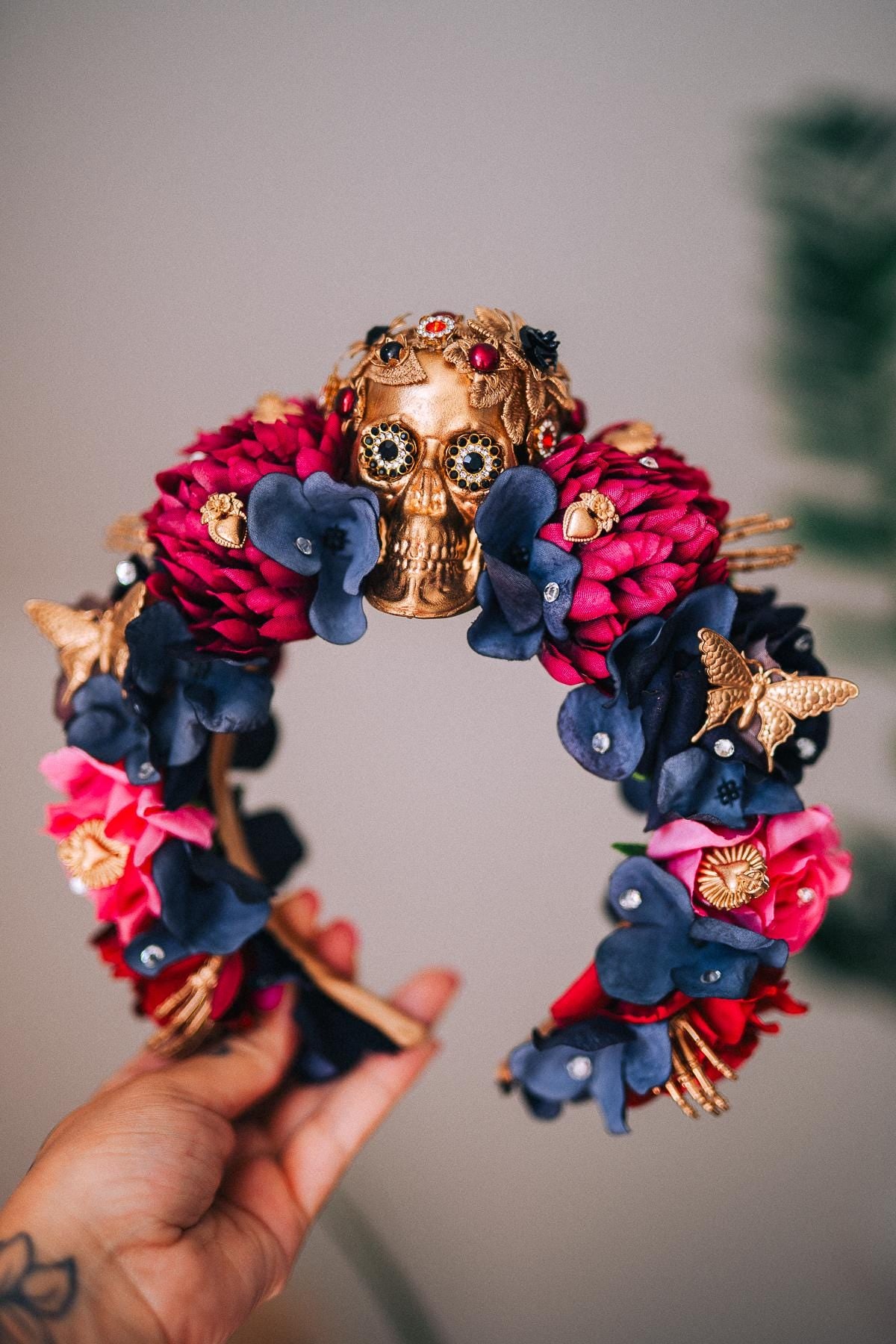 La Catrina Pink Floral Crown, Día de los Muertos Headpiece, Mexican Flower Crown, Sugar Skull Crown, Artisan Statement Crown
