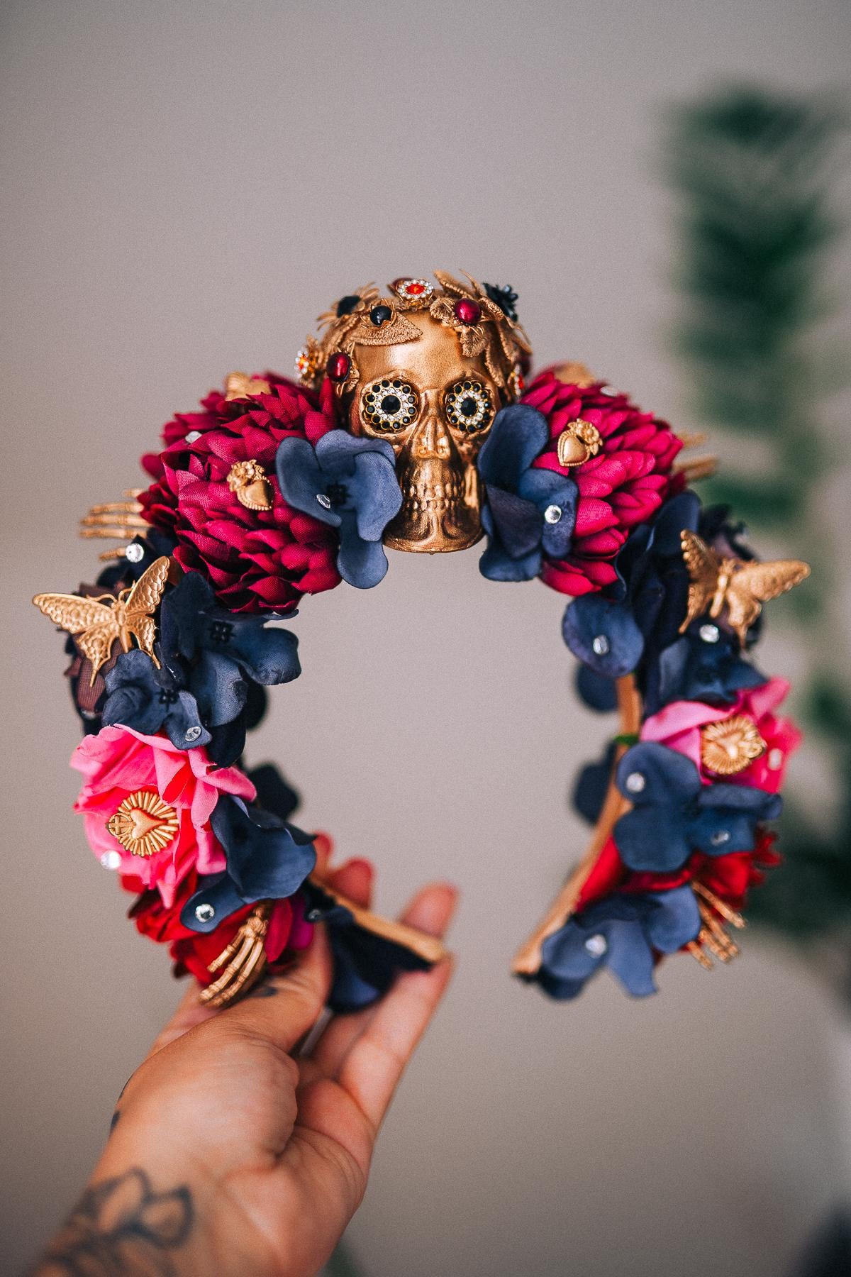 La Catrina Pink Floral Crown, Día de los Muertos Headpiece, Mexican Flower Crown, Sugar Skull Crown, Artisan Statement Crown