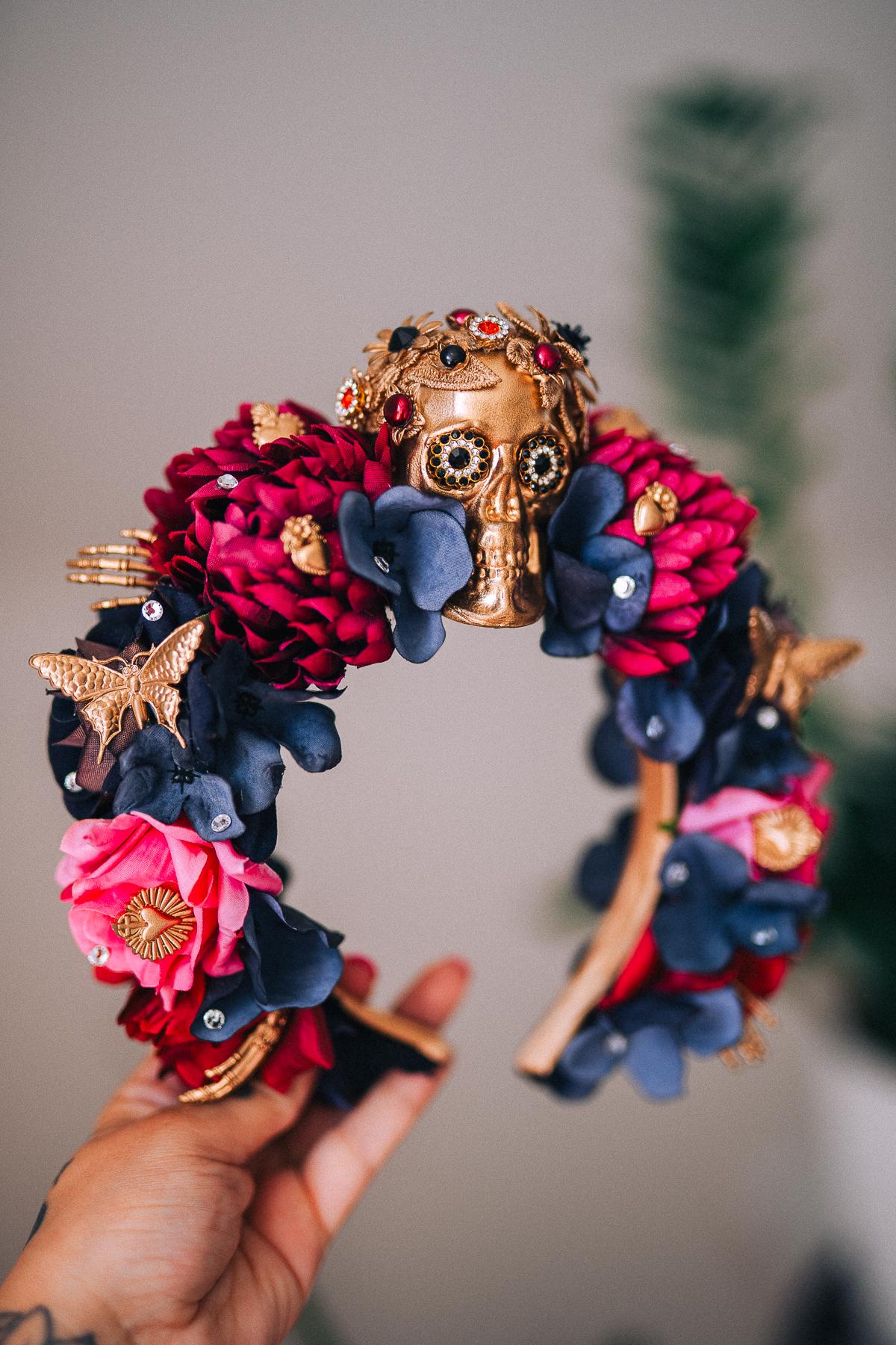 La Catrina Pink Floral Crown, Día de los Muertos Headpiece, Mexican Flower Crown, Sugar Skull Crown, Artisan Statement Crown
