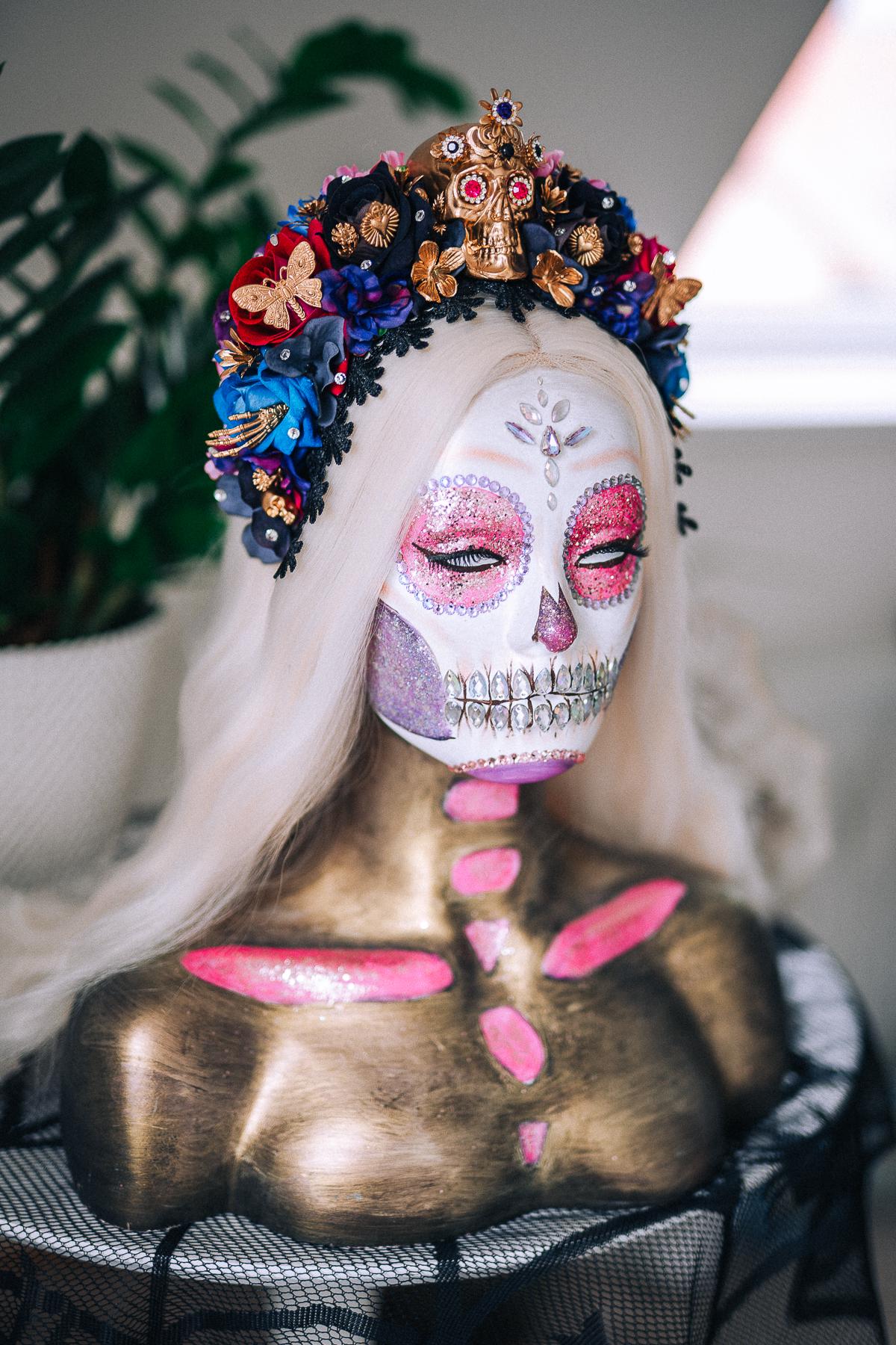 La Catrina Sapphire Bloom Crown, Día de los Muertos Headpiece, Mexican Floral Crown, Sugar Skull Crown, Couture Flower Crown