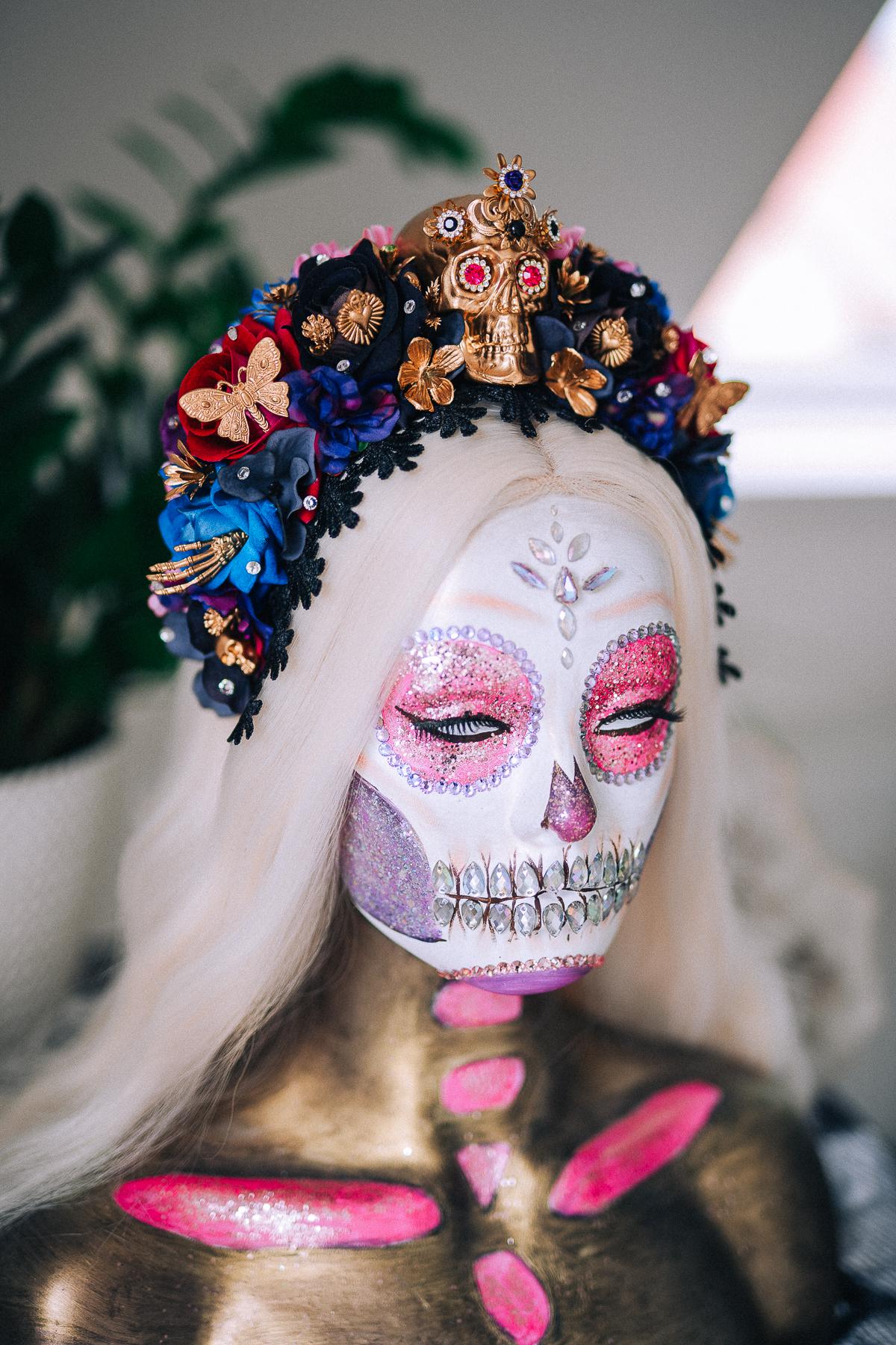 La Catrina Sapphire Bloom Crown, Día de los Muertos Headpiece, Mexican Floral Crown, Sugar Skull Crown, Couture Flower Crown