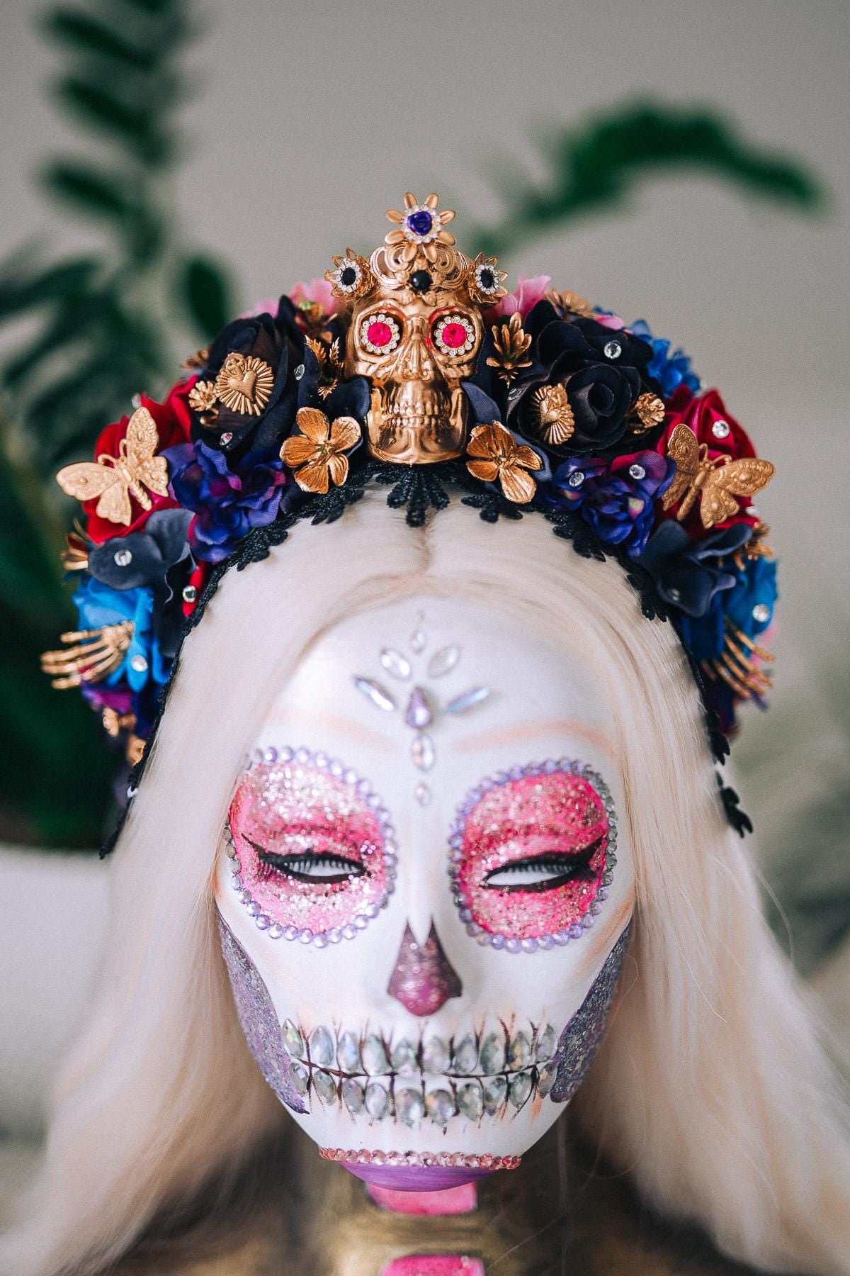 La Catrina Sapphire Bloom Crown, Día de los Muertos Headpiece, Mexican Floral Crown, Sugar Skull Crown, Couture Flower Crown