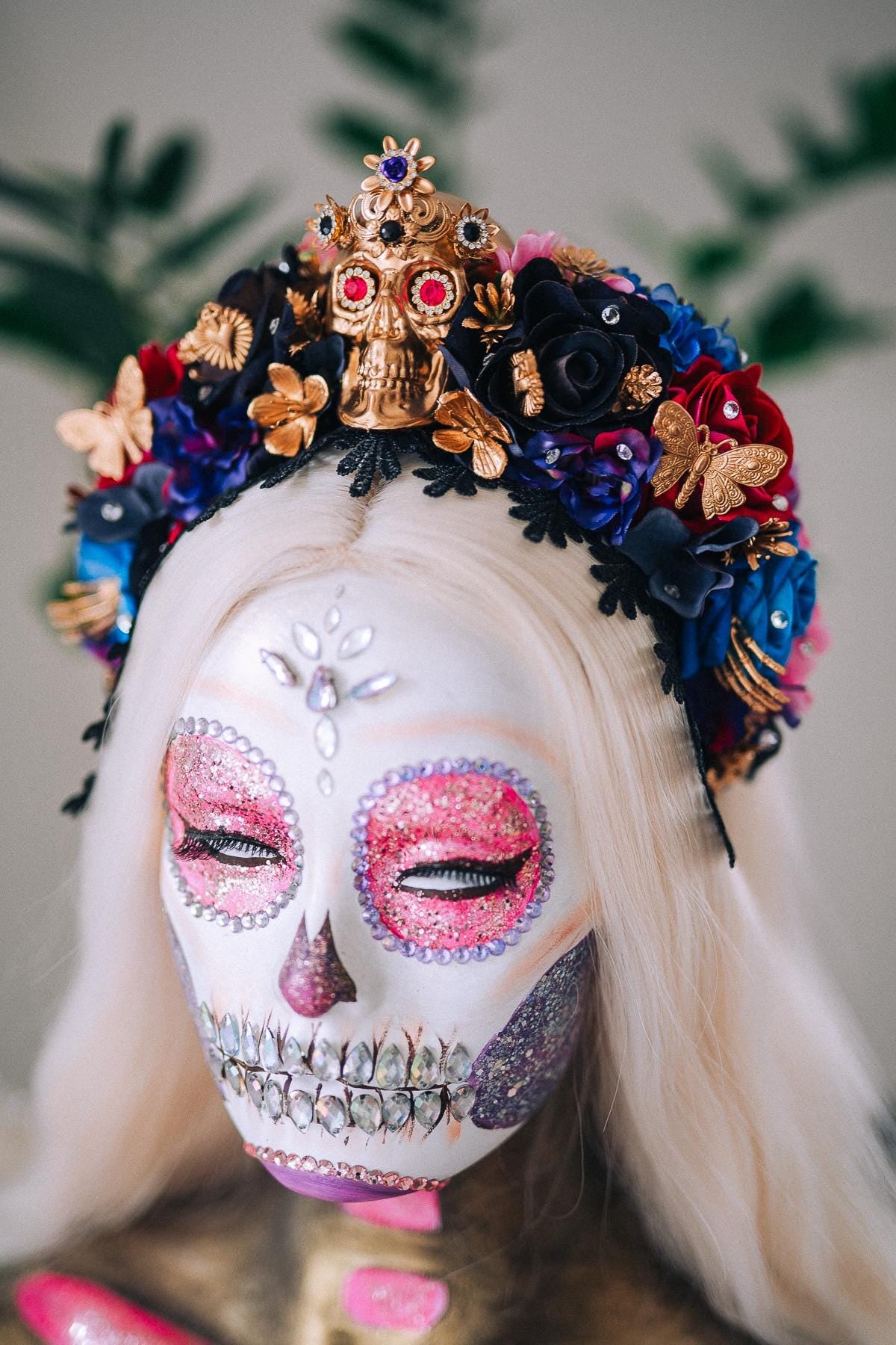 La Catrina Sapphire Bloom Crown, Día de los Muertos Headpiece, Mexican Floral Crown, Sugar Skull Crown, Couture Flower Crown