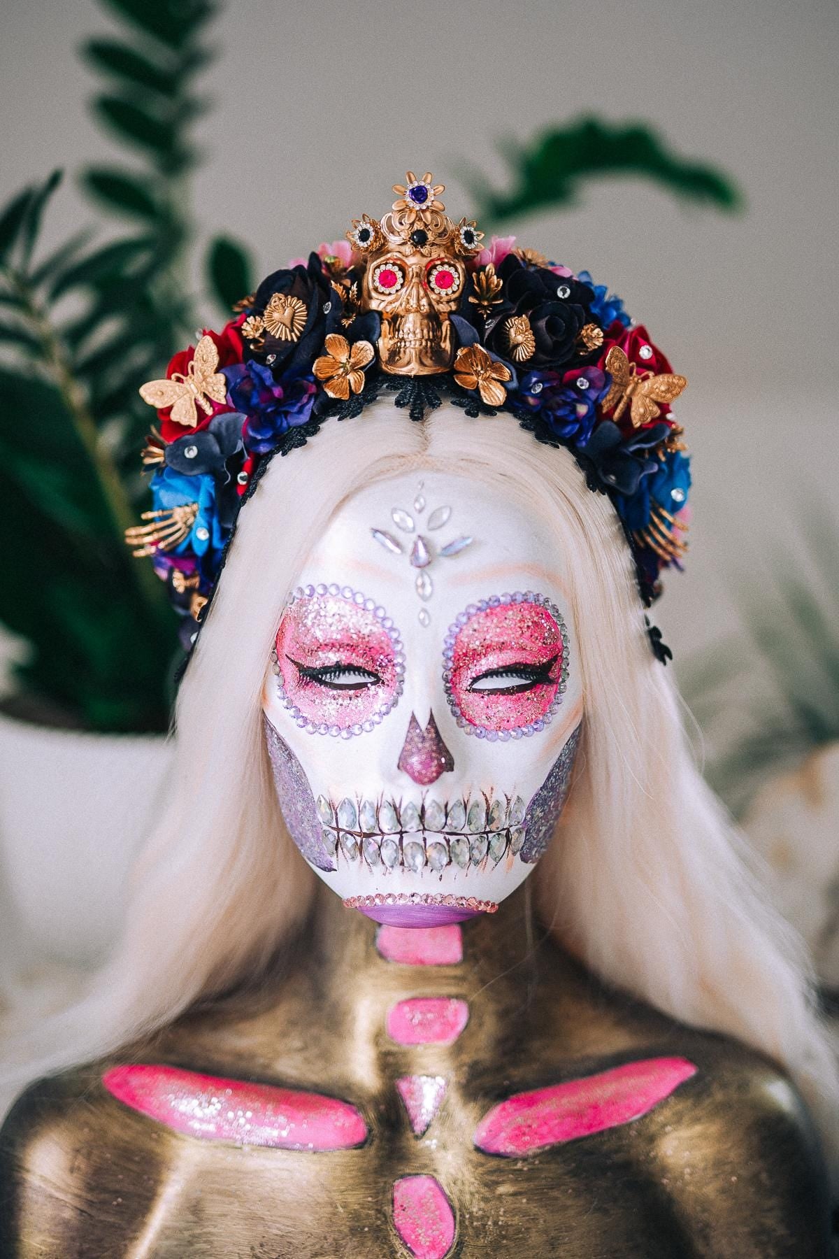La Catrina Sapphire Bloom Crown, Día de los Muertos Headpiece, Mexican Floral Crown, Sugar Skull Crown, Couture Flower Crown