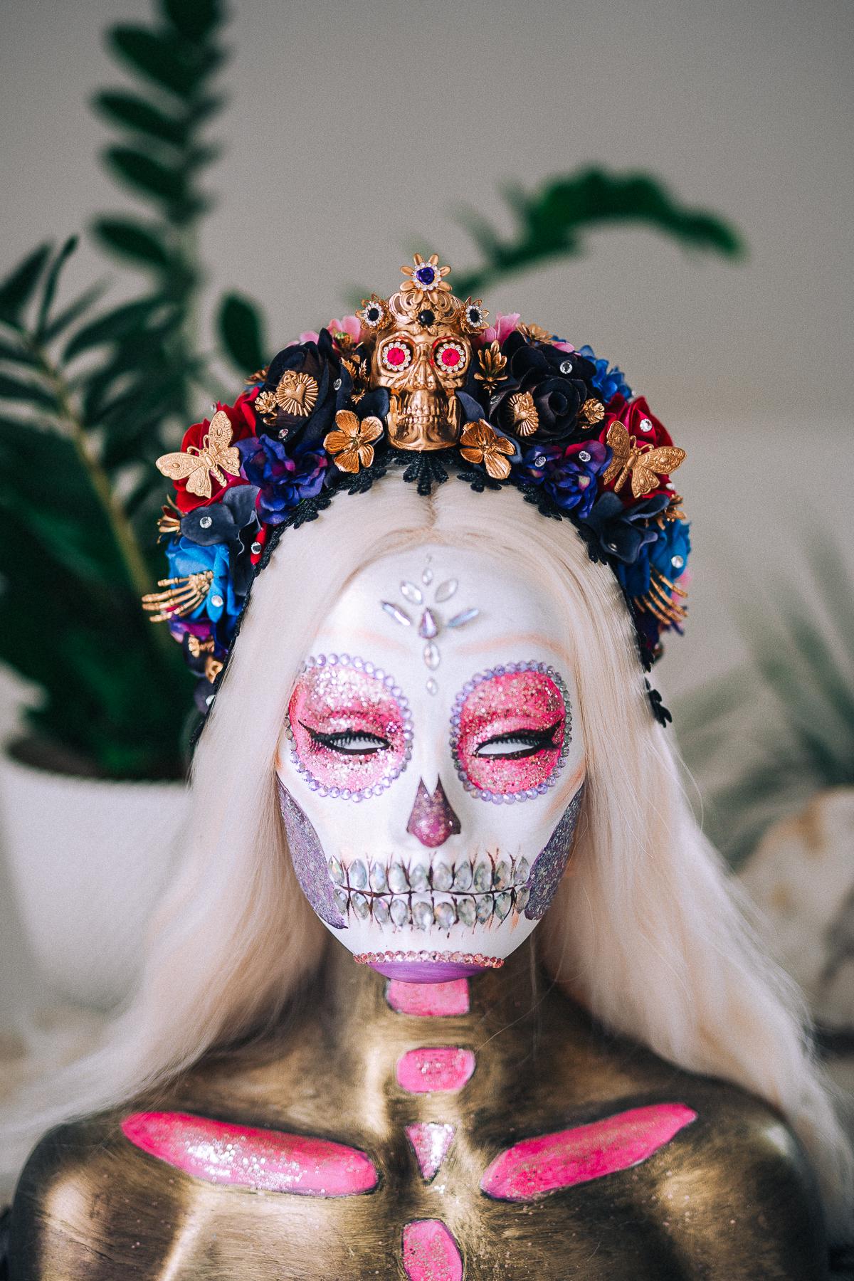La Catrina Sapphire Bloom Crown, Día de los Muertos Headpiece, Mexican Floral Crown, Sugar Skull Crown, Couture Flower Crown