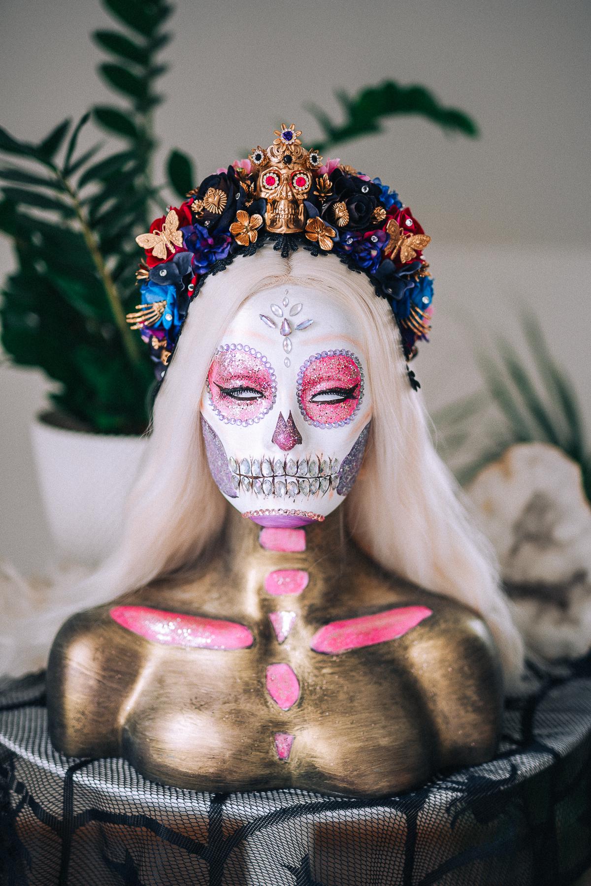 La Catrina Sapphire Bloom Crown, Día de los Muertos Headpiece, Mexican Floral Crown, Sugar Skull Crown, Couture Flower Crown