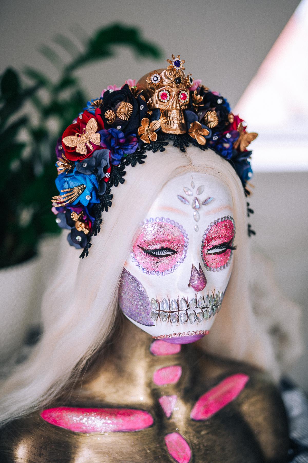 La Catrina Sapphire Bloom Crown, Día de los Muertos Headpiece, Mexican Floral Crown, Sugar Skull Crown, Couture Flower Crown