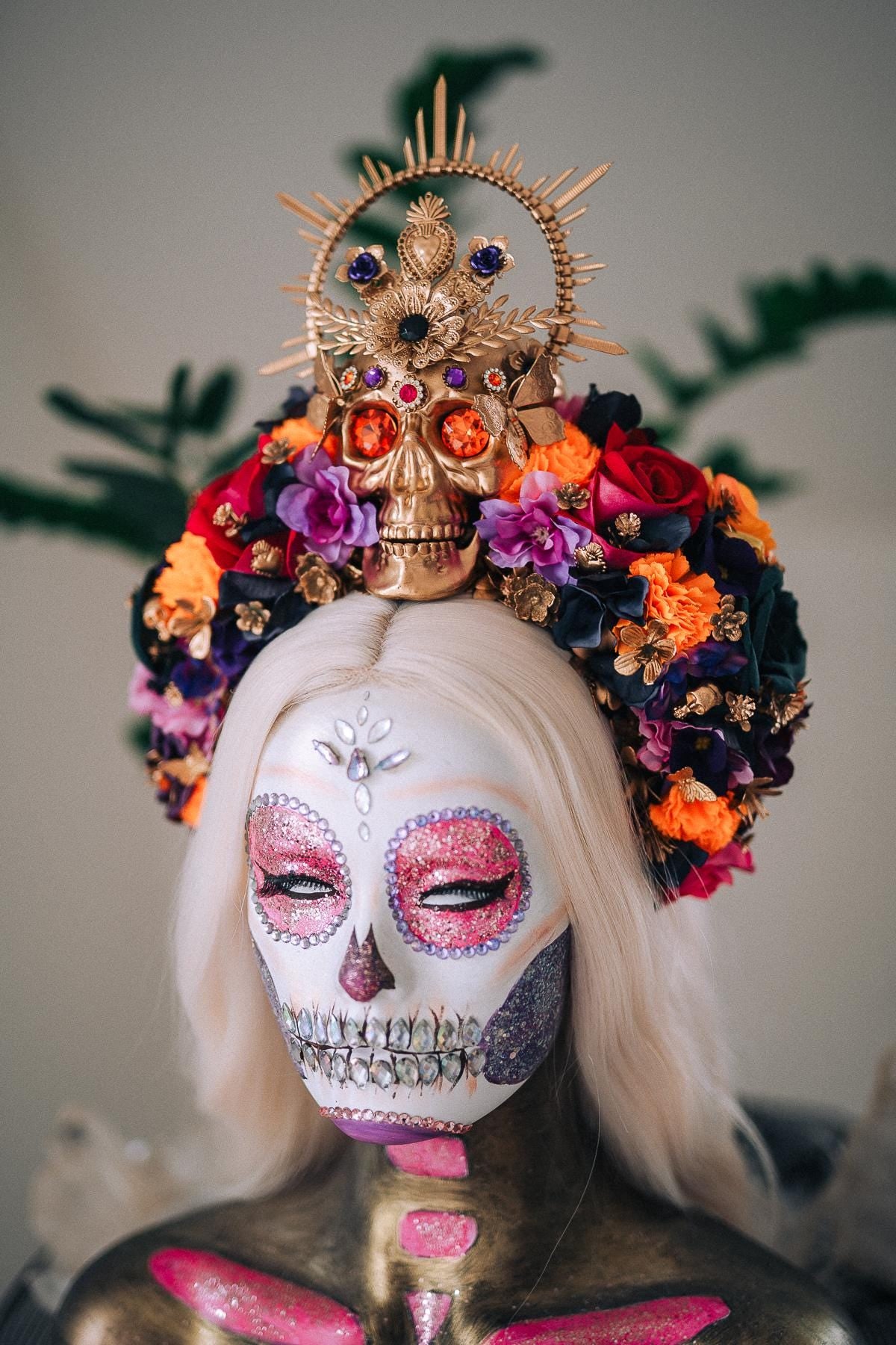 La Catrina Midnight Blossom Crown, Día de los Muertos Headpiece, Mexican Floral Crown, Sugar Skull Crown, Luxury Flower Crown