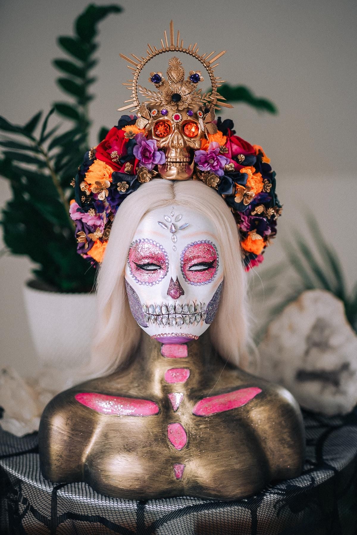 La Catrina Midnight Blossom Crown, Día de los Muertos Headpiece, Mexican Floral Crown, Sugar Skull Crown, Luxury Flower Crown