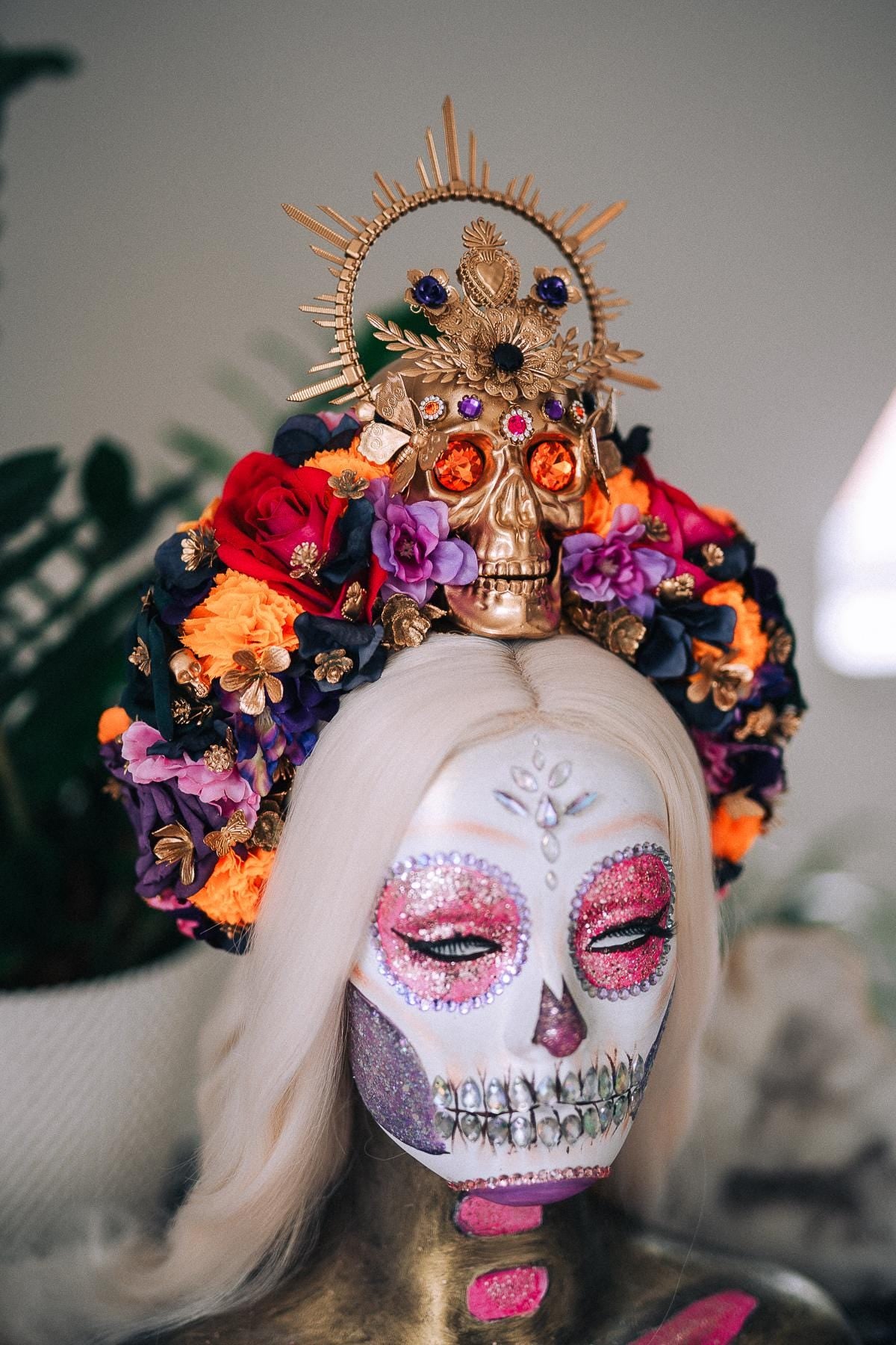 La Catrina Midnight Blossom Crown, Día de los Muertos Headpiece, Mexican Floral Crown, Sugar Skull Crown, Luxury Flower Crown