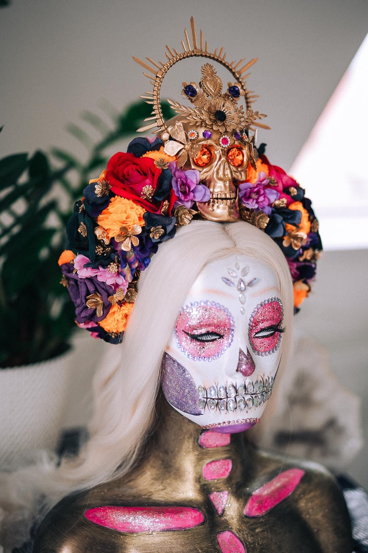 La Catrina Midnight Blossom Crown, Día de los Muertos Headpiece, Mexican Floral Crown, Sugar Skull Crown, Luxury Flower Crown