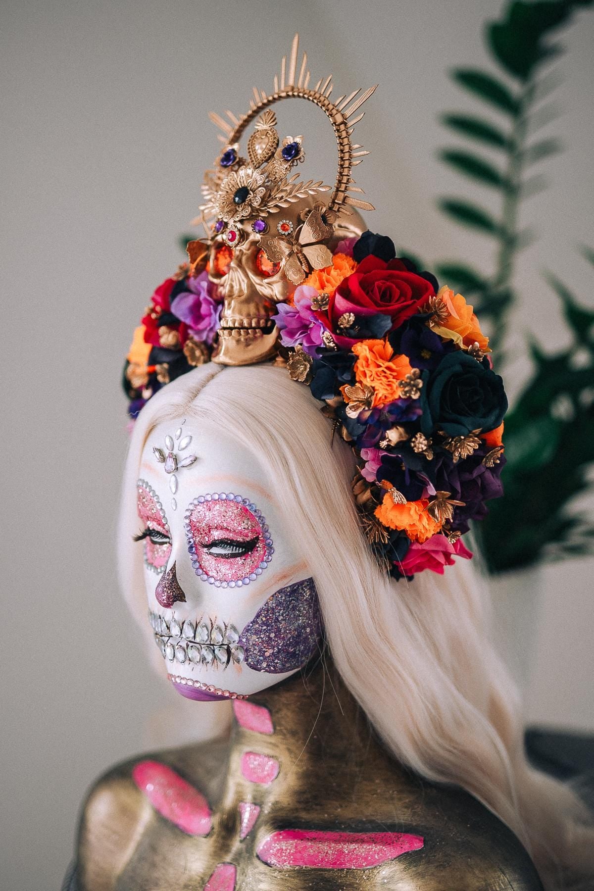La Catrina Midnight Blossom Crown, Día de los Muertos Headpiece, Mexican Floral Crown, Sugar Skull Crown, Luxury Flower Crown
