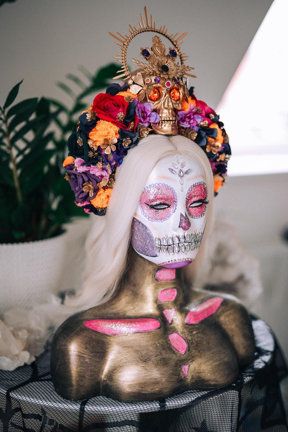 La Catrina Midnight Blossom Crown, Día de los Muertos Headpiece, Mexican Floral Crown, Sugar Skull Crown, Luxury Flower Crown