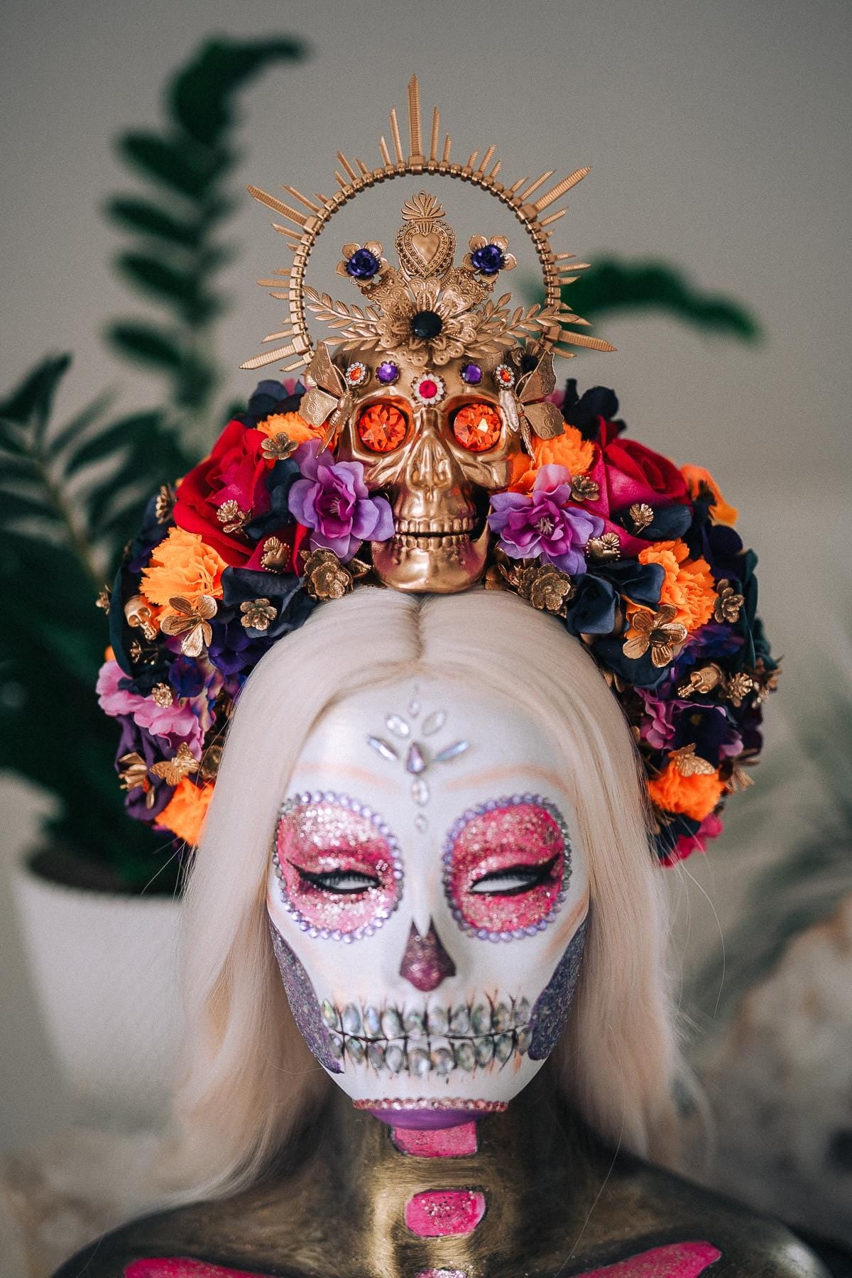 La Catrina Midnight Blossom Crown, Día de los Muertos Headpiece, Mexican Floral Crown, Sugar Skull Crown, Luxury Flower Crown