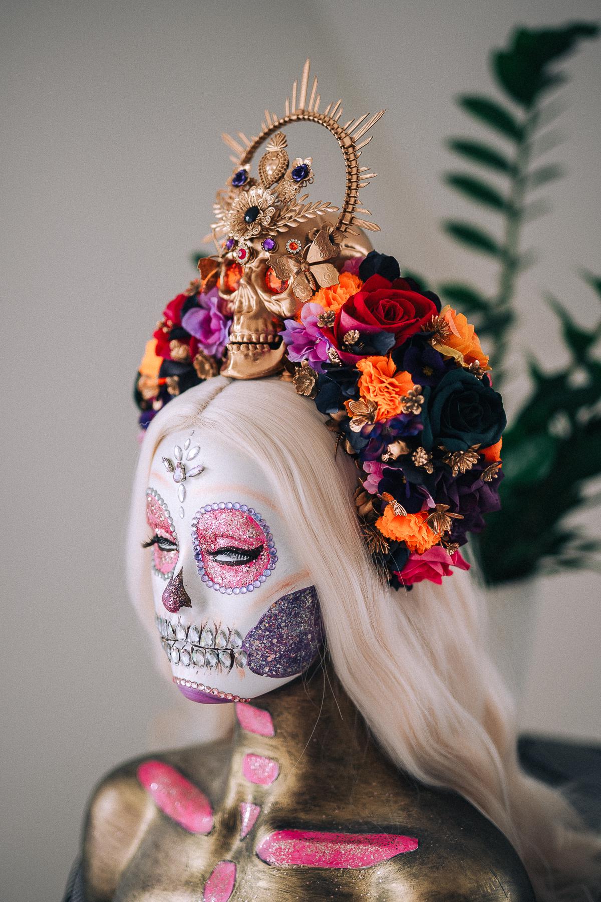 La Catrina Midnight Blossom Crown, Día de los Muertos Headpiece, Mexican Floral Crown, Sugar Skull Crown, Luxury Flower Crown