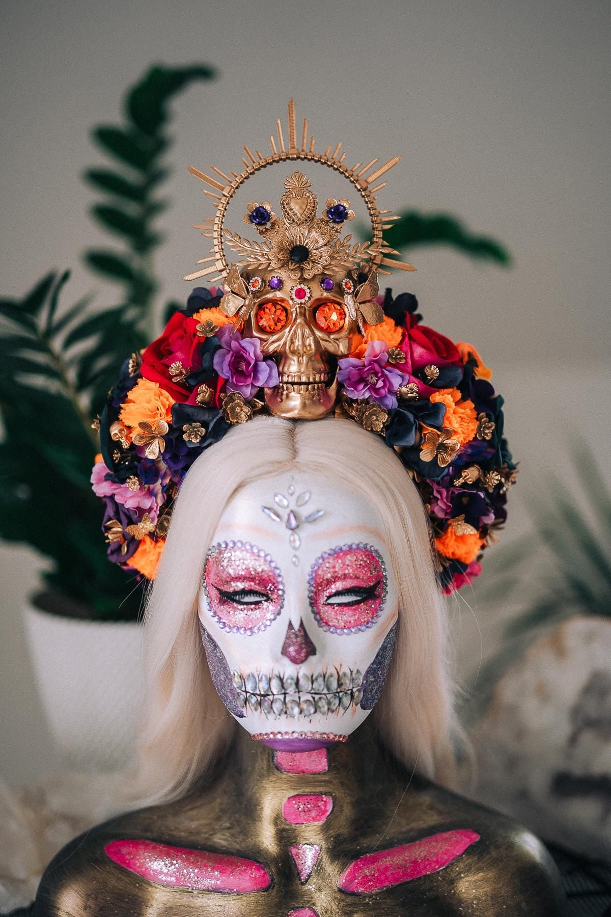La Catrina Midnight Blossom Crown, Día de los Muertos Headpiece, Mexican Floral Crown, Sugar Skull Crown, Luxury Flower Crown