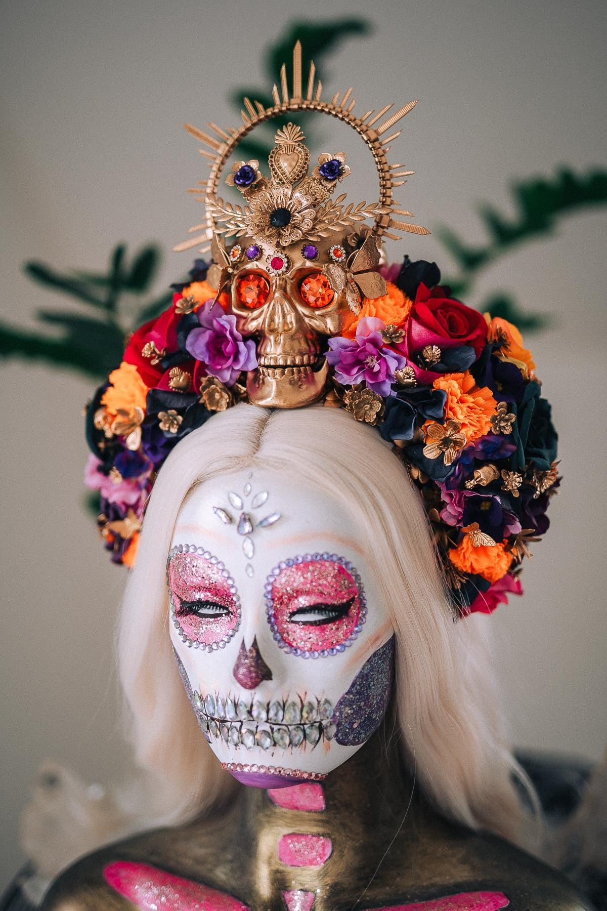 La Catrina Midnight Blossom Crown, Día de los Muertos Headpiece, Mexican Floral Crown, Sugar Skull Crown, Luxury Flower Crown