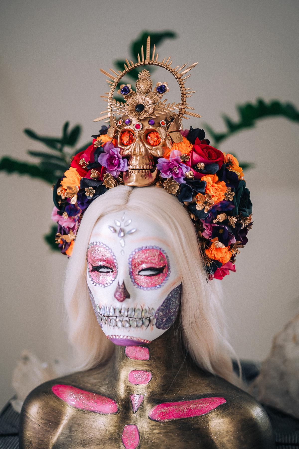 La Catrina Midnight Blossom Crown, Día de los Muertos Headpiece, Mexican Floral Crown, Sugar Skull Crown, Luxury Flower Crown