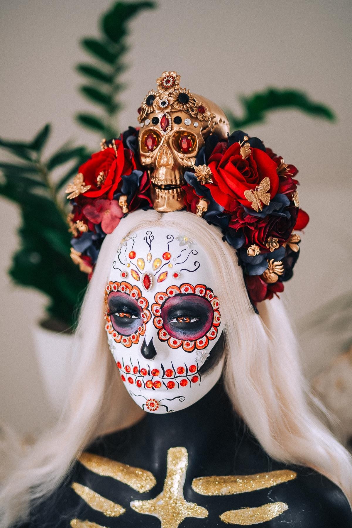 La Catrina Royal Ruby Crown, Día de los Muertos Headpiece, Mexican Floral Crown, Sugar Skull Crown, Luxury Flower Crown