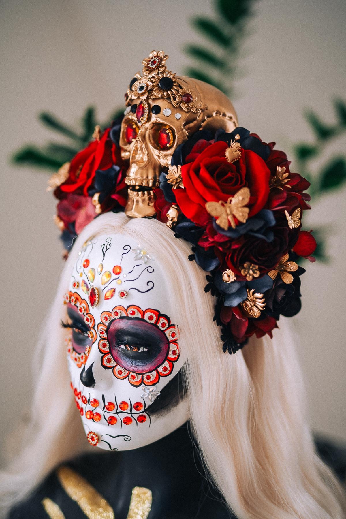 La Catrina Royal Ruby Crown, Día de los Muertos Headpiece, Mexican Floral Crown, Sugar Skull Crown, Luxury Flower Crown