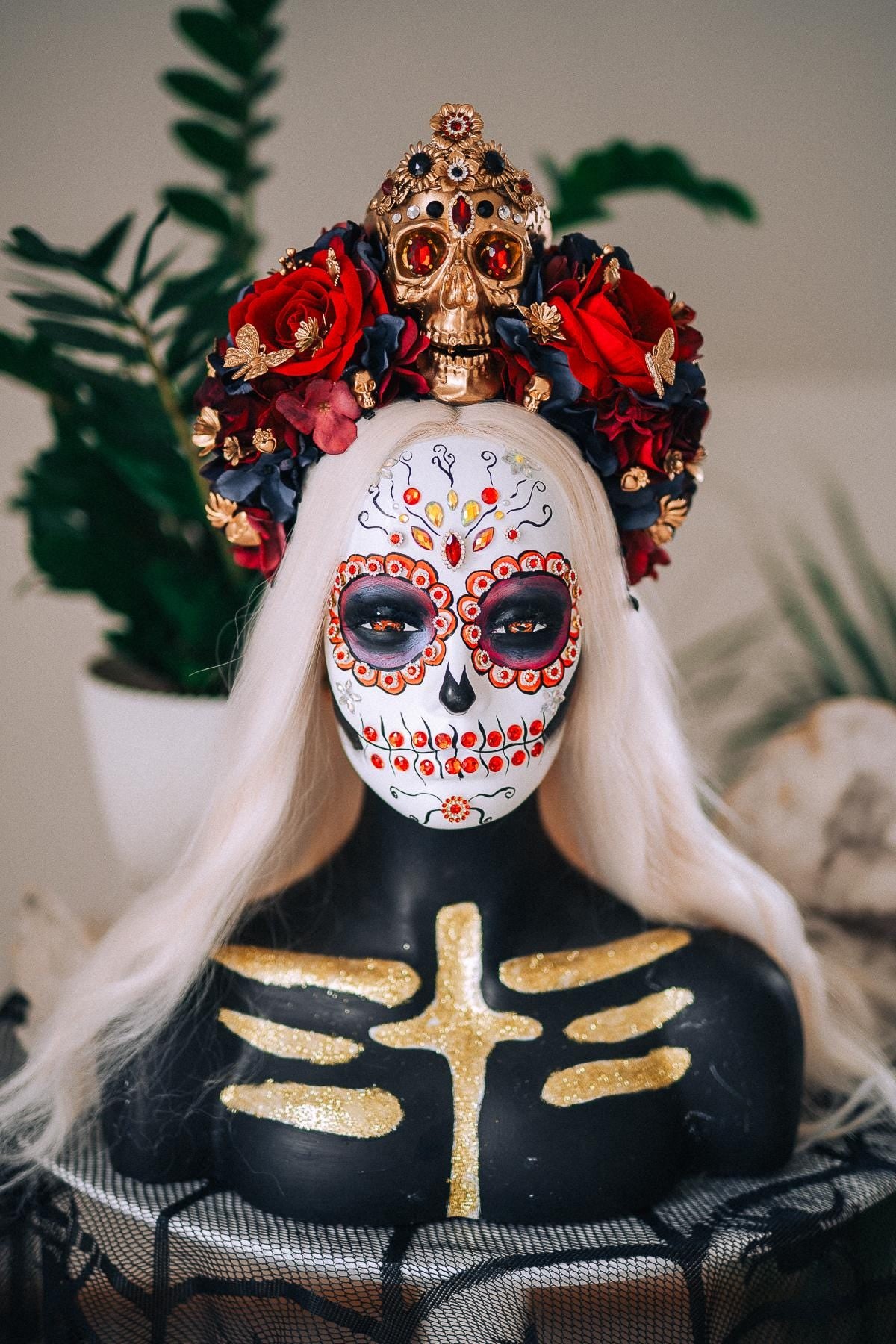 La Catrina Royal Ruby Crown, Día de los Muertos Headpiece, Mexican Floral Crown, Sugar Skull Crown, Luxury Flower Crown