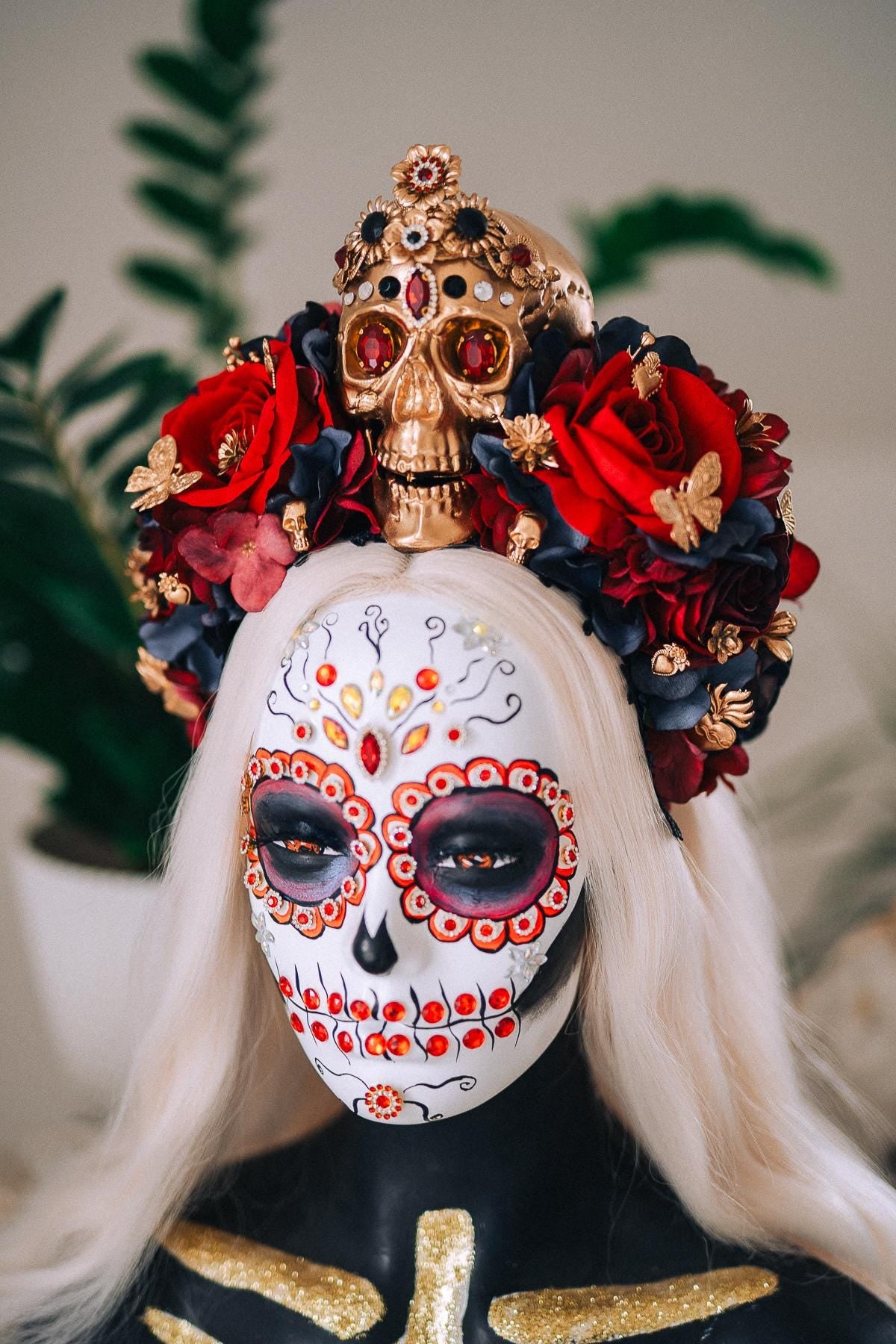 La Catrina Royal Ruby Crown, Día de los Muertos Headpiece, Mexican Floral Crown, Sugar Skull Crown, Luxury Flower Crown