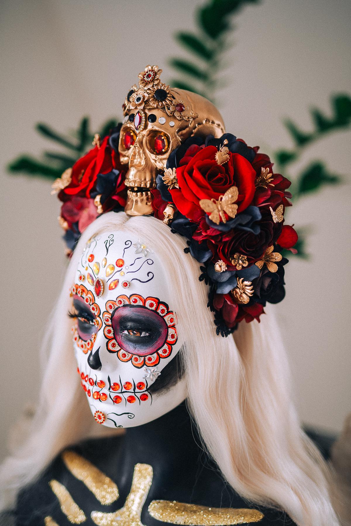 La Catrina Royal Ruby Crown, Día de los Muertos Headpiece, Mexican Floral Crown, Sugar Skull Crown, Luxury Flower Crown