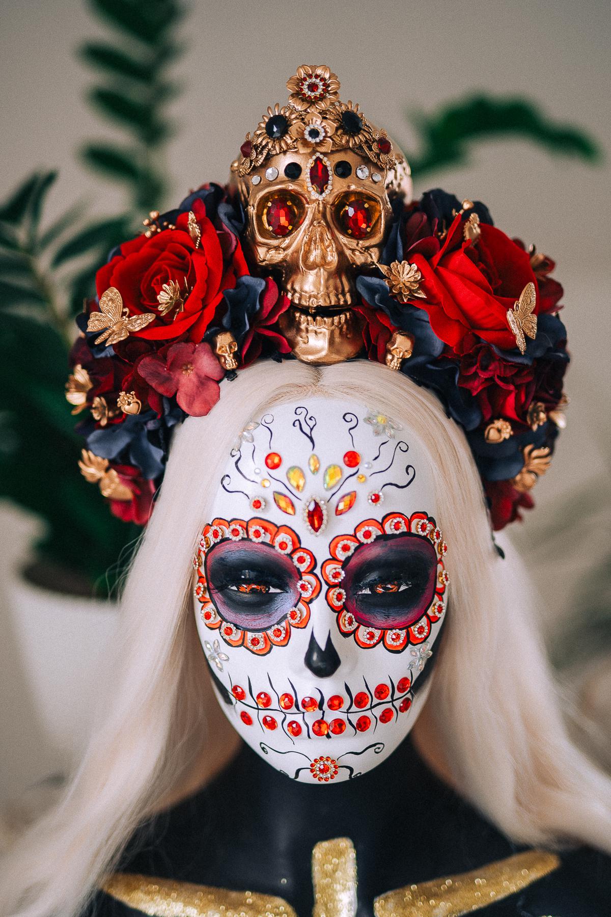 La Catrina Royal Ruby Crown, Día de los Muertos Headpiece, Mexican Floral Crown, Sugar Skull Crown, Luxury Flower Crown