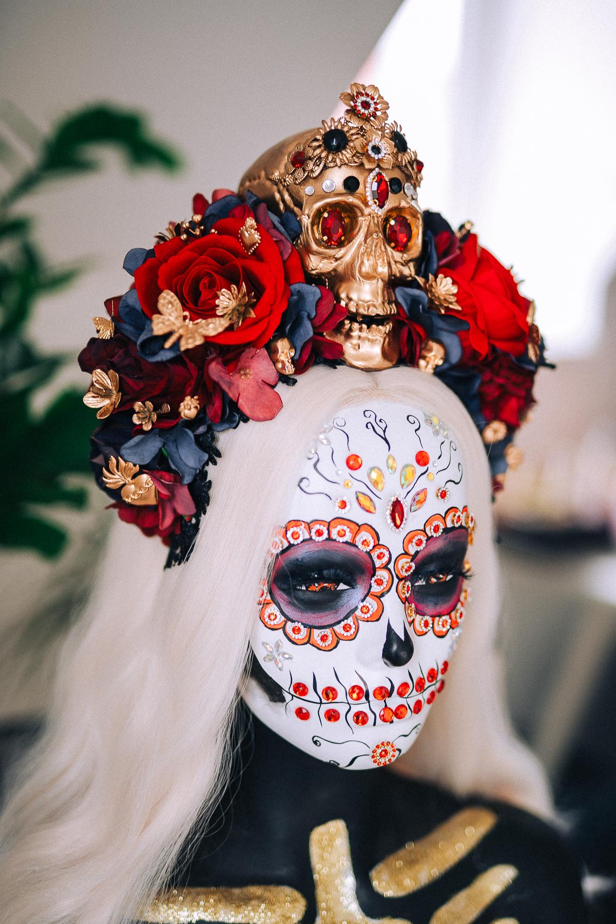 La Catrina Royal Ruby Crown, Día de los Muertos Headpiece, Mexican Floral Crown, Sugar Skull Crown, Luxury Flower Crown