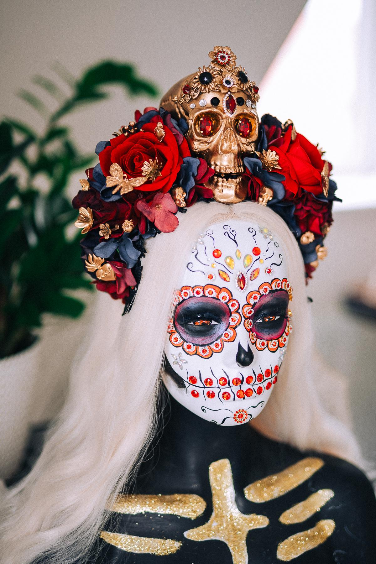 La Catrina Royal Ruby Crown, Día de los Muertos Headpiece, Mexican Floral Crown, Sugar Skull Crown, Luxury Flower Crown