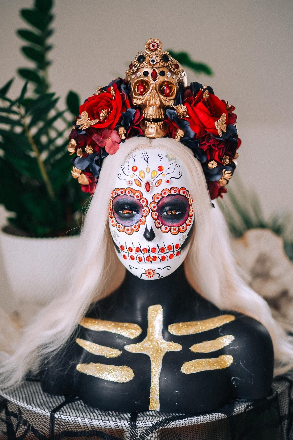 La Catrina Royal Ruby Crown, Día de los Muertos Headpiece, Mexican Floral Crown, Sugar Skull Crown, Luxury Flower Crown