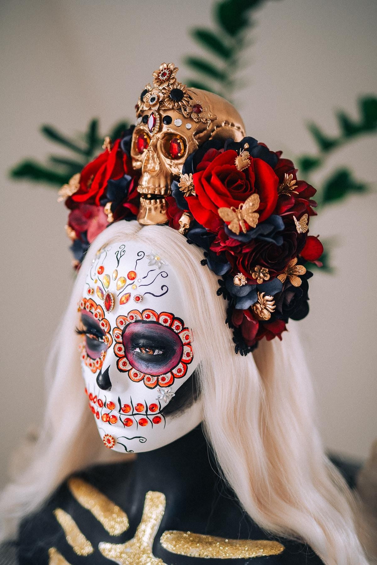 La Catrina Royal Ruby Crown, Día de los Muertos Headpiece, Mexican Floral Crown, Sugar Skull Crown, Luxury Flower Crown